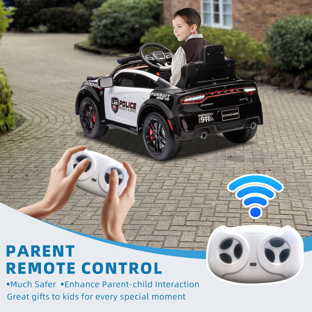 SUSIELADY 12V Kids Ride on Police Car, Licensed Dodge Charger, with Anti-Collision Bar, Front & Top Alarm Light, 4 Wheel Suspension, Remote Control, Sticker, Megaphone