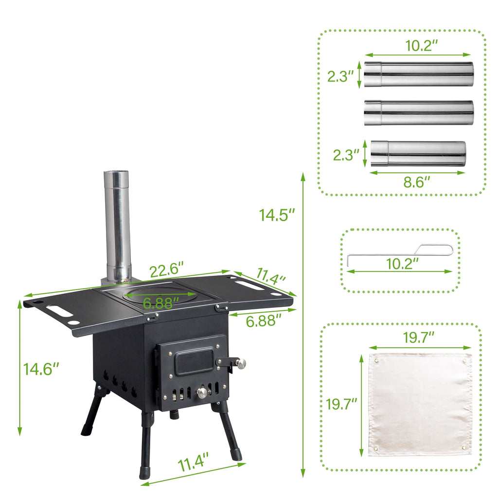 COOKCOK Camping rocket stove with chimney, 22.6"D x 11.4"W x 14.6"H, Alloy Steel, Black
