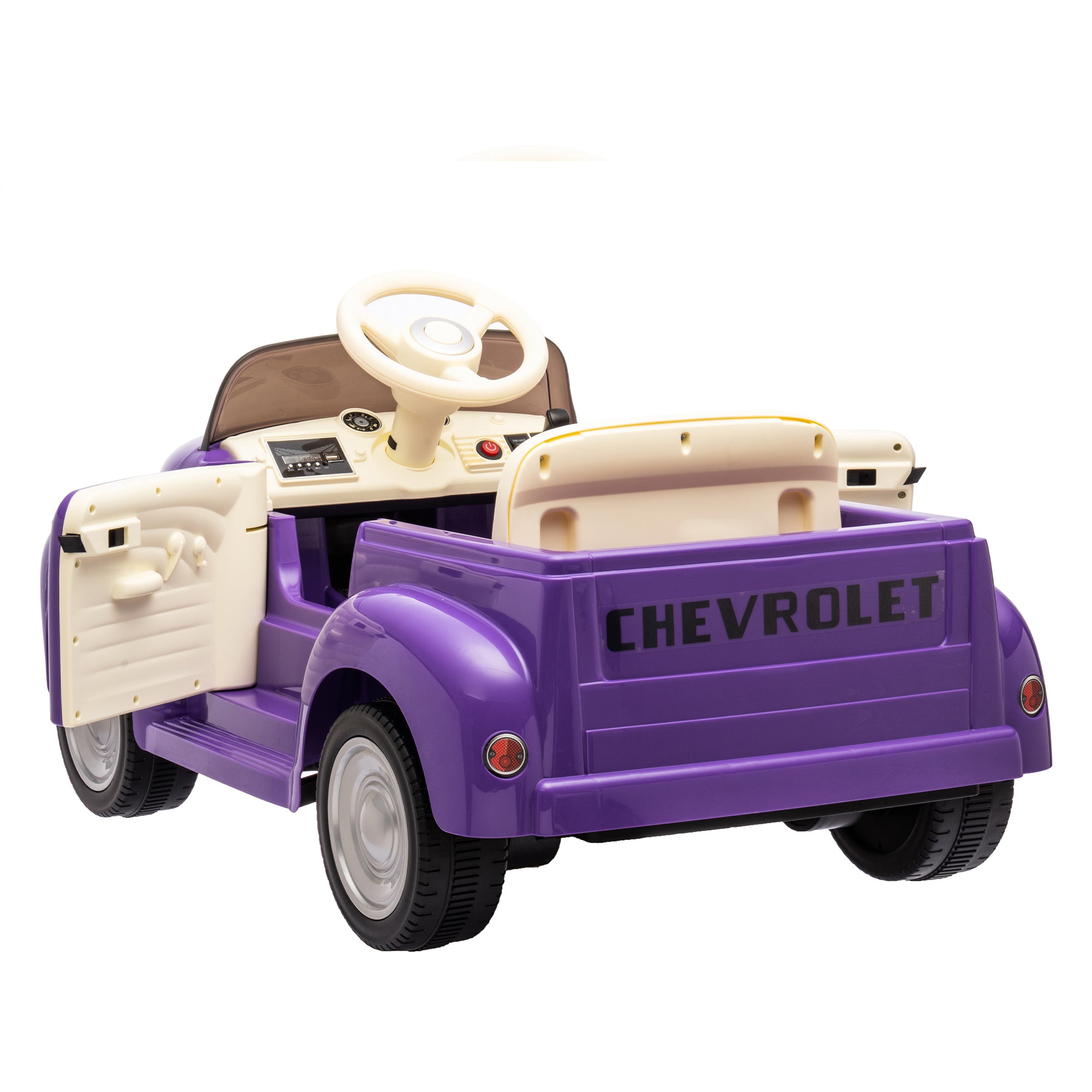 Track 7 12V Ride on Car, Licensed Chevrolet 3100 Pickup Electric Car for Boys Girls, LED Lights, Bluetooth, USB, Storage Space, Remote Control, Ride on Toy Vehicle, Purple