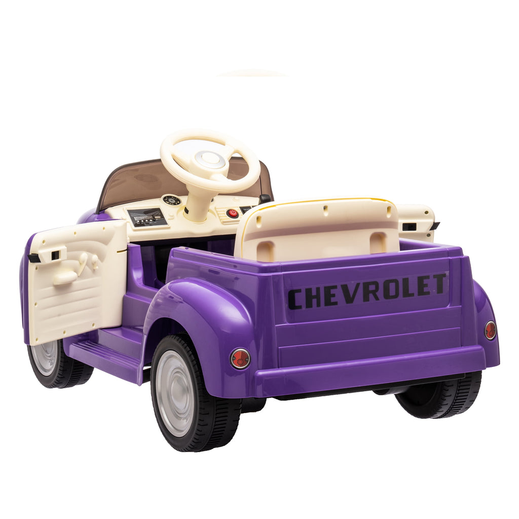 Track 7 12V Ride on Car, Licensed Chevrolet 3100 Pickup Electric Car, Remote Control, Vintage Style, 3 Speeds (Up to 3.11 MPH), LED Lights, Bluetooth, USB, Storage Spac for Ages 3+, Purple