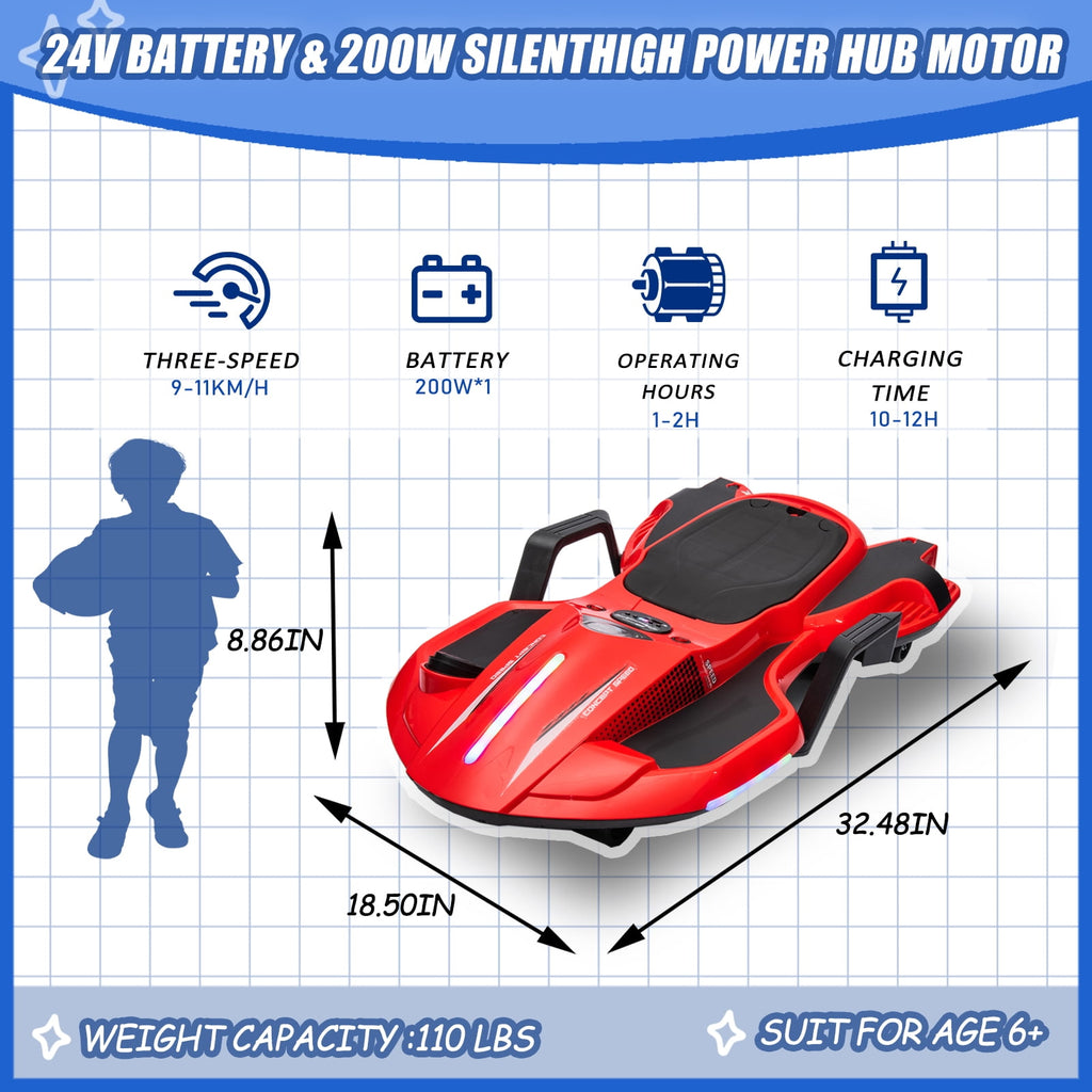 Track 7 24 V Ride on Car with Helmet, Knee Pads, Gloves, Devilfish Pattern Ride on Electric Scooter with Spray Function, Gravity Steering, Music, Hnadrails, Max Speed 6.84 mph, Red