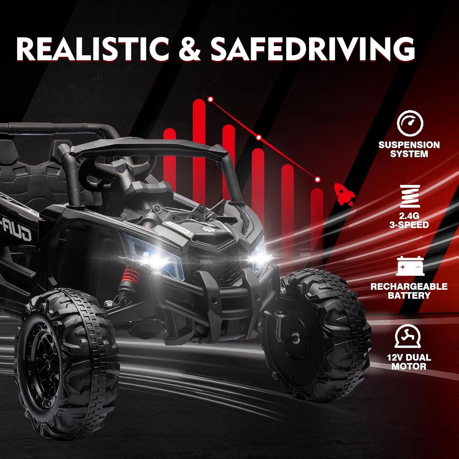 SUSIELADY 12V Off-Road Truck, Kids Ride on UTV, High-Low Speed Switch, with Remote Control, Music Player, Lights, for Kids Aged 3+