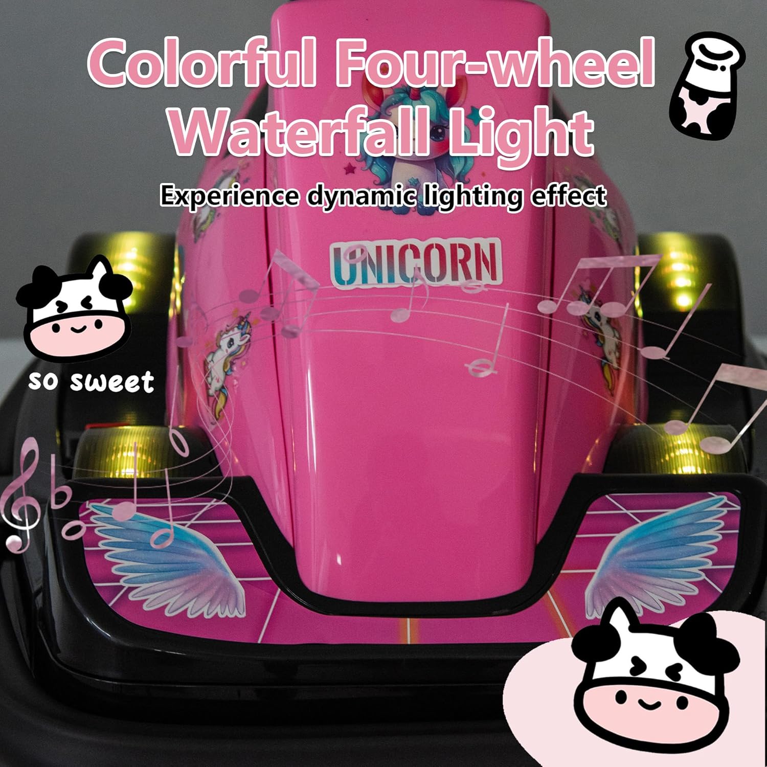 Track 7 12V Ride on Bumper Car, Kids Electric Car with Horn, Music, Four-Wheel LED Waterfall Lights, 360 Degree Spin and DIY Sticker, Bumper Car for Kids & Toddlers 2-5 Years, Pink