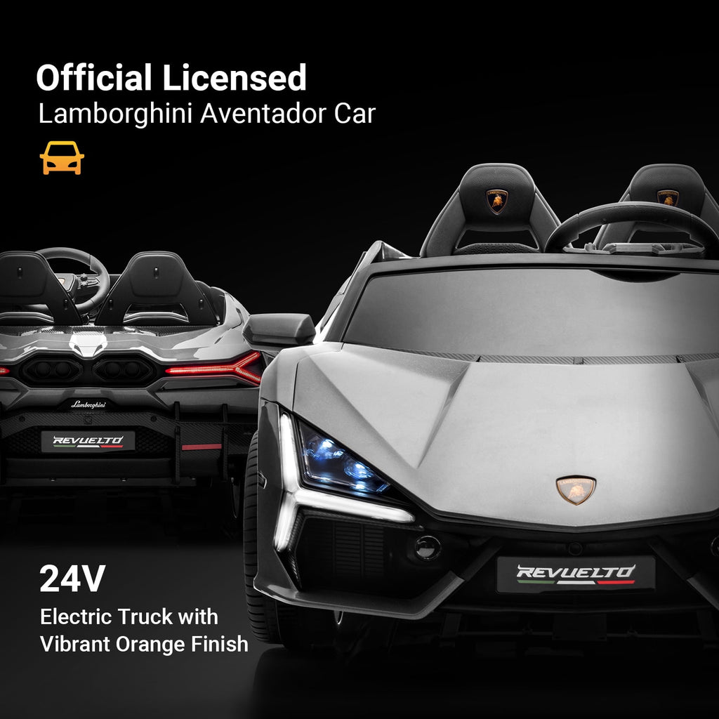 Track Seven 24V 2-Seater Ride on Car, Licensed Lamborghini Revuelto Electric Car with Remote Control, Music, LED Lights, Key Start, Spring Suspension, Max Speed 4.3mph, 24V Ride on Toy Car, Grey