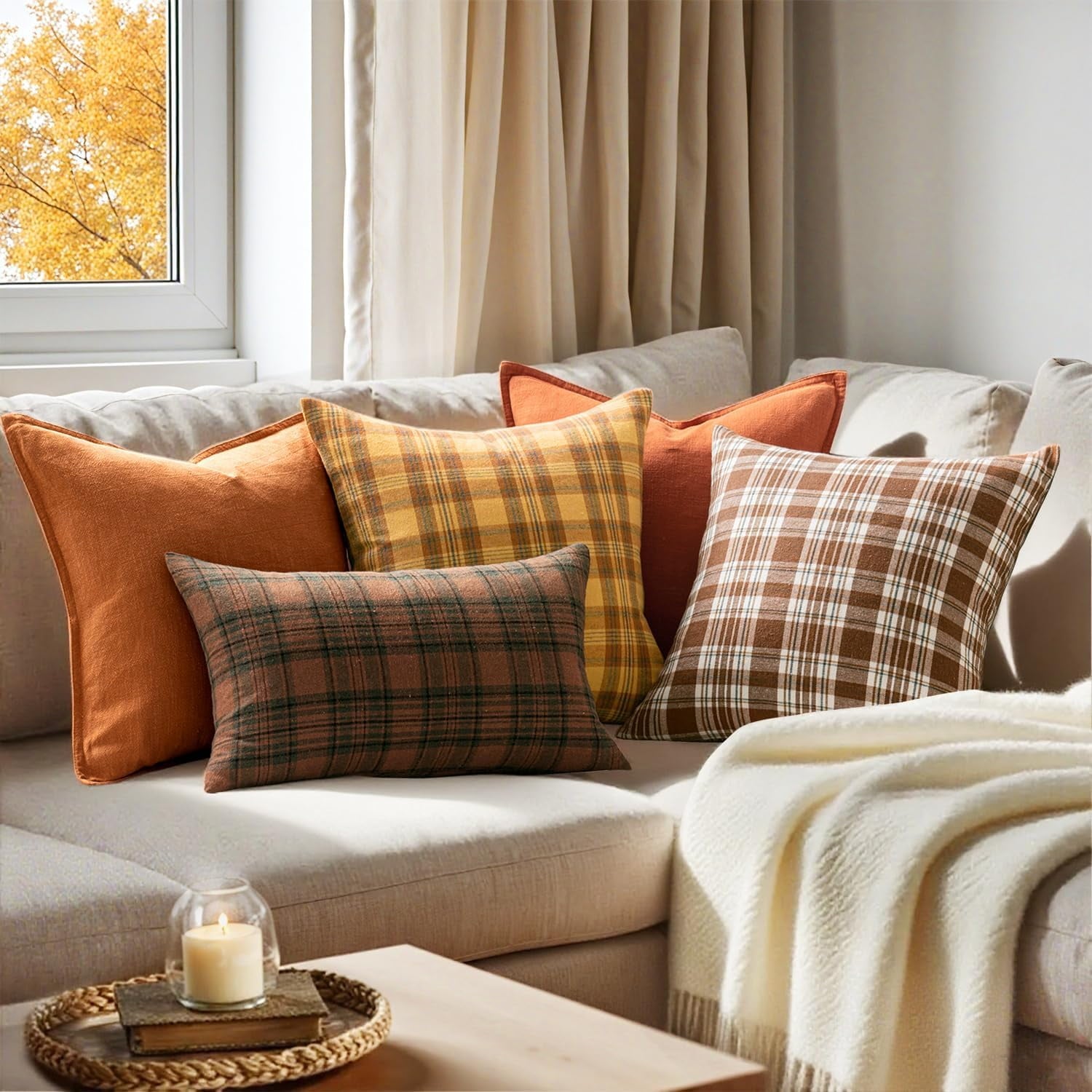 COOKCOK Christmas Set of 2 Scottish Tartan Plaid Throw Pillow Covers Farmhouse Classic Decorative Outdoor Square Cushion Cases for Decor Sofa Couch 18x18 Inch, Orange