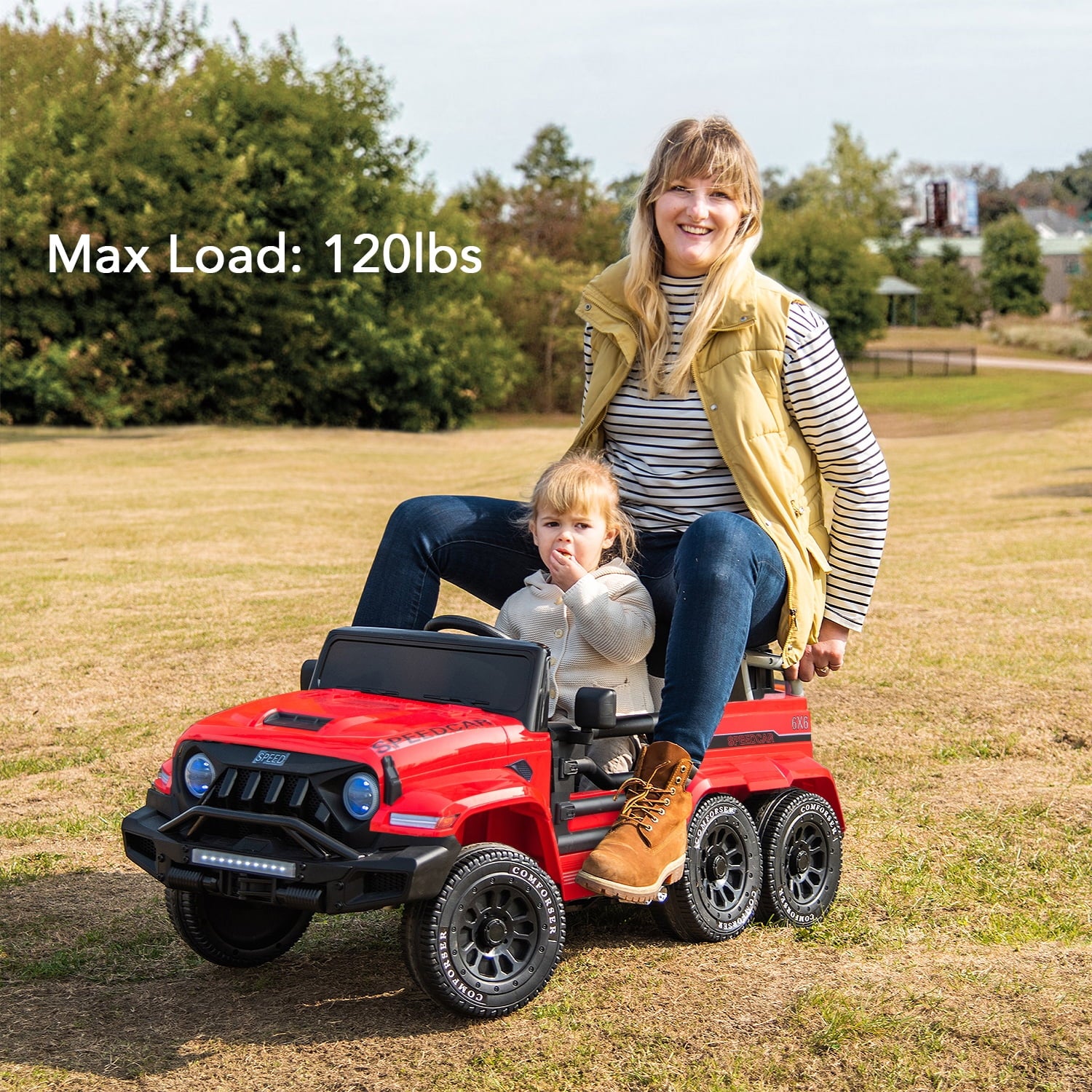 Track 7 24V Ride on Car, 4WD Electric Car for Boys Girls Age 3+, 6 Wheels Ride on Car with Remote Control, Music, Lights, Rocking Mode, Storage Box, Red