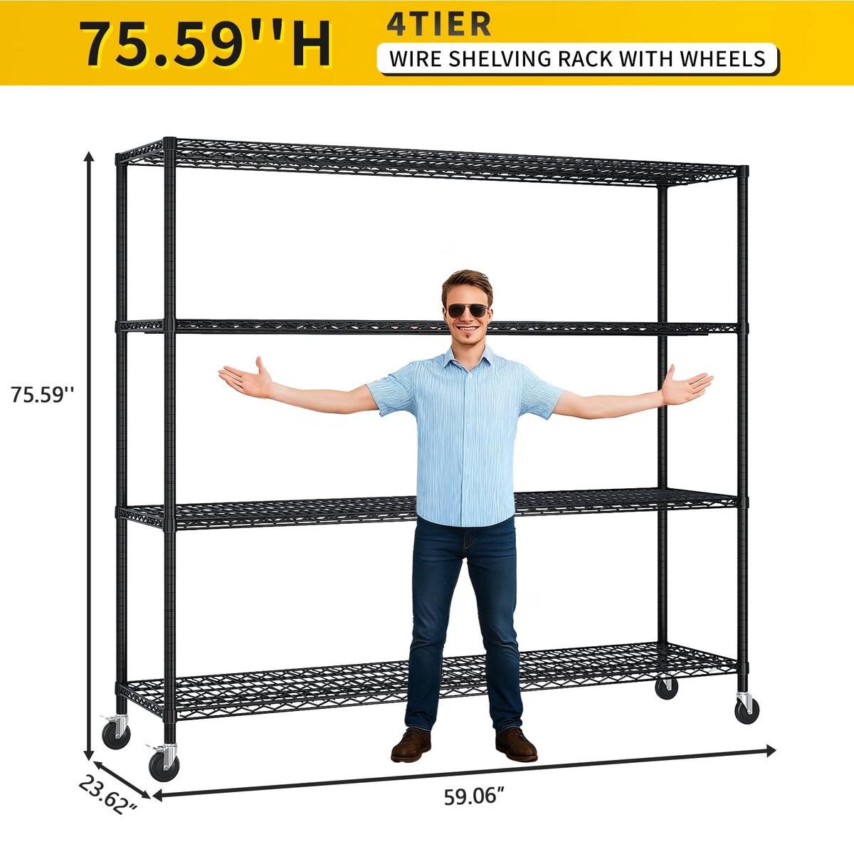 COOKCOK Extra-Wide 4-Tier Wire Shelving with Wheels 59"W x 24"D x 76"H, Adjustable Heavy Duty Metal Shelving 800 LBS, Black