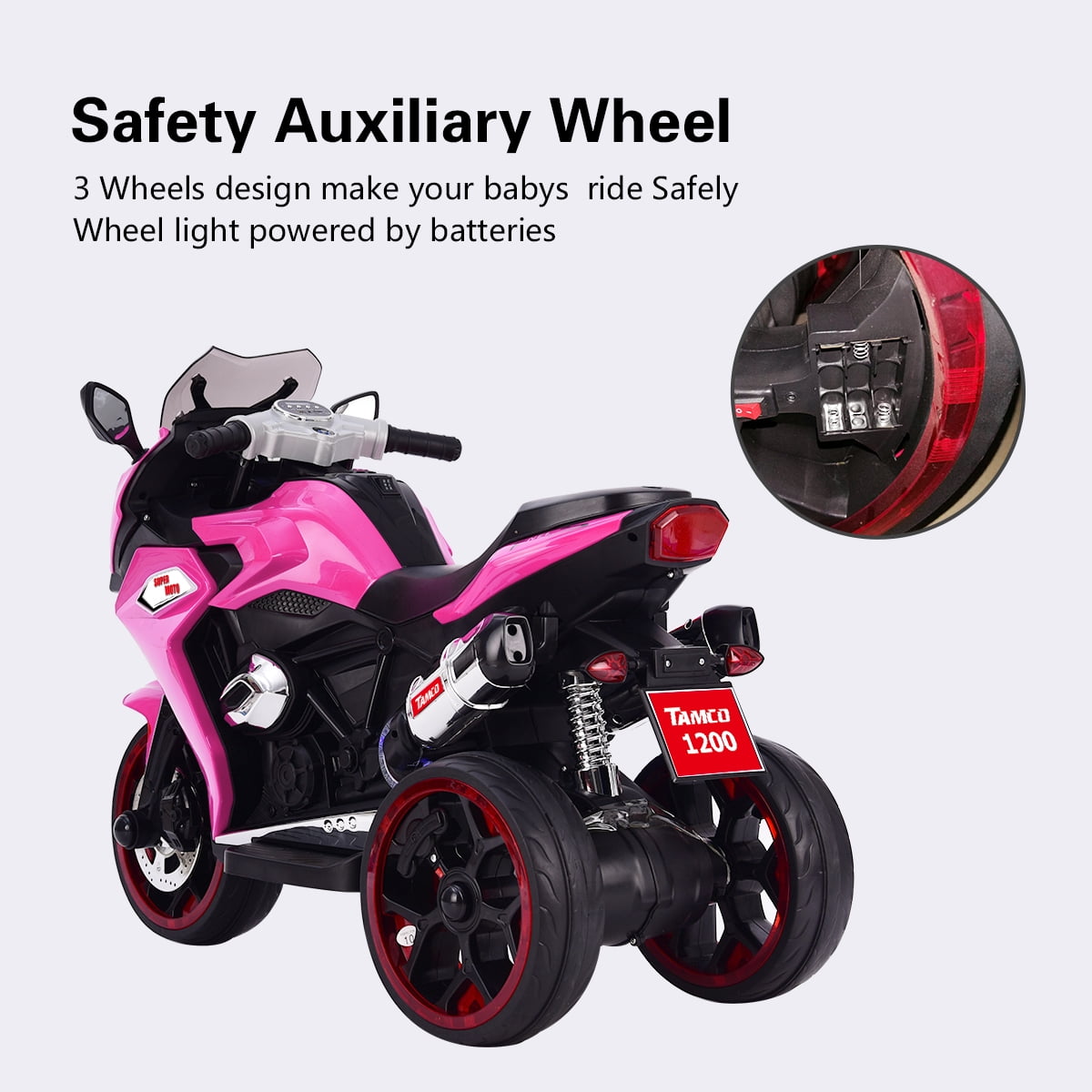 Track 7 12V Kids Ride on Motorcycle, 3 Wheels Electric Trike Motorcycle for Boys and Girls, Light Wheels, Music, Headlights, Pink