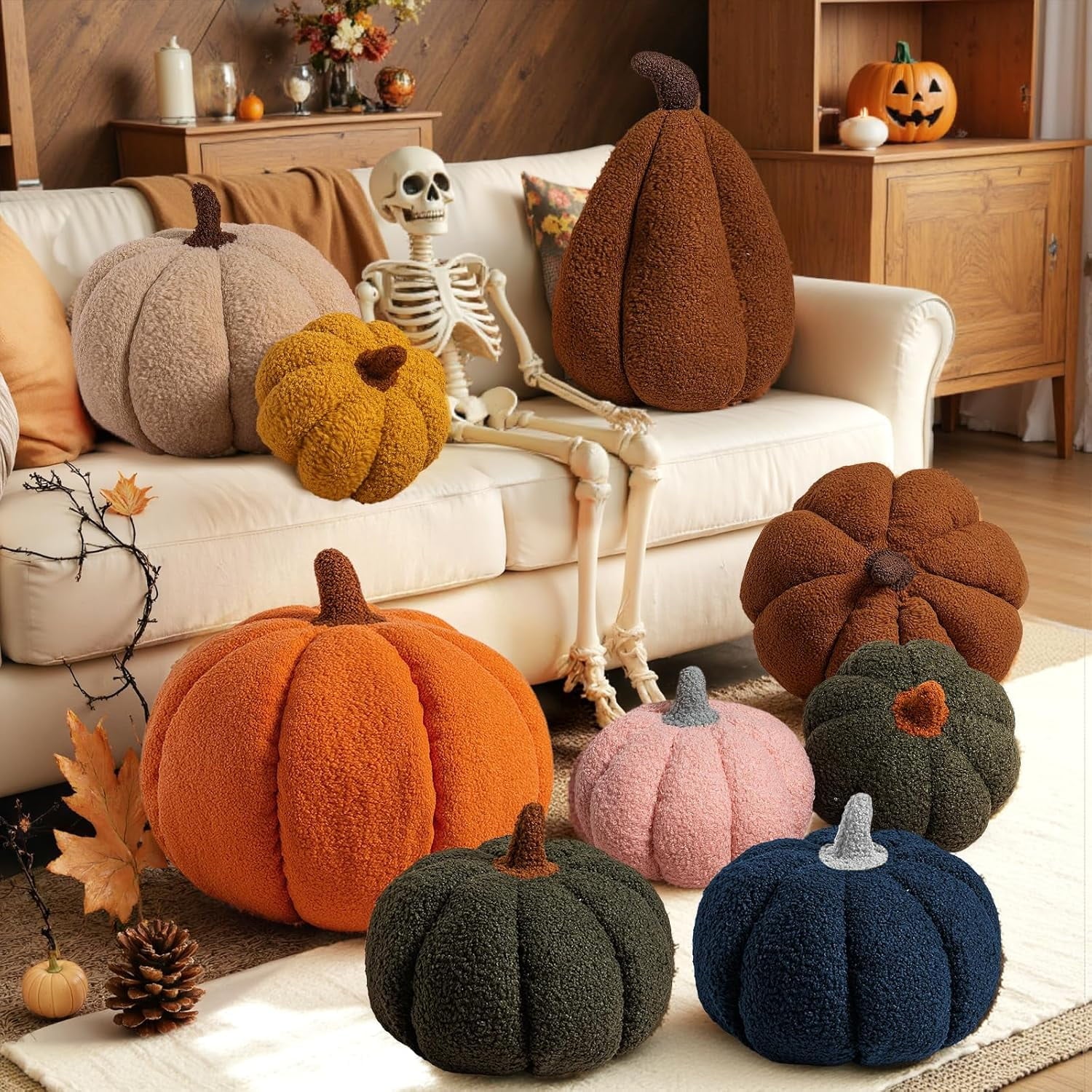 COOKCOK Fall Pumpkin Pillows Set of 2, Halloween Decoration Plush Throw Pillows Soft Fleece Sherpa Cute 3D Shaped Cushion for Sofa Couch Bedroom Autumn Thanksgiving, 12.6x8.7in & 9x5.9in, Orange