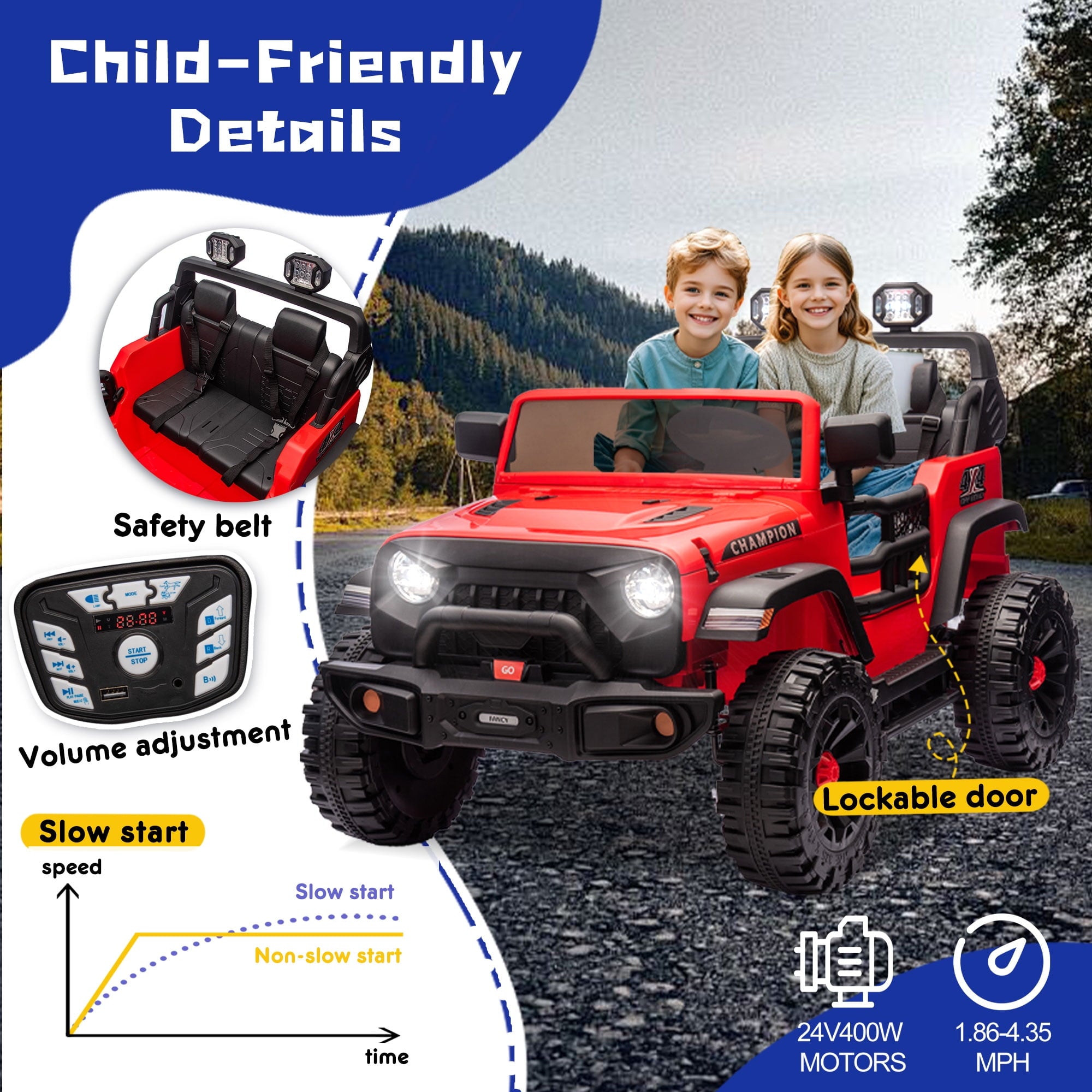 Track Seven  24V Ride on Truck, 2 Seater Ride On Toy Car for Big Kids, 19.7" Large Wide Seat, 4WD Electric Truck Car with Music, Bluetooth, Light and Searchlight, Max Speed 4.35 mph, Red