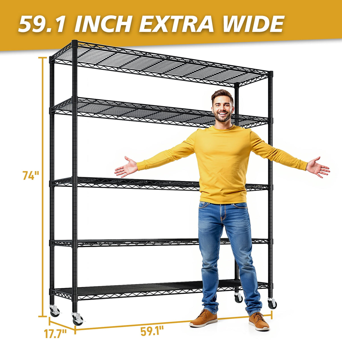 COOKCOK 5-Tier Storage Shelves, 74" H Heavy Duty Wire Storage Shelves with Wheels, Adjustable Metal Shelving, Rolling Metal Organizer Shelf Utility Rack for Warehouse, Restaurant, 59" x 17" x 74"
