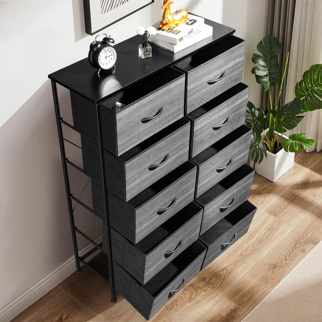 COOKCOK 10 Drawer Dresser - Fabric Storage Tower, Organizer Unit for Bedroom, Living Room, Hallway, Closets - Sturdy Steel Frame, Wooden Top & Easy Pull Fabric Bins