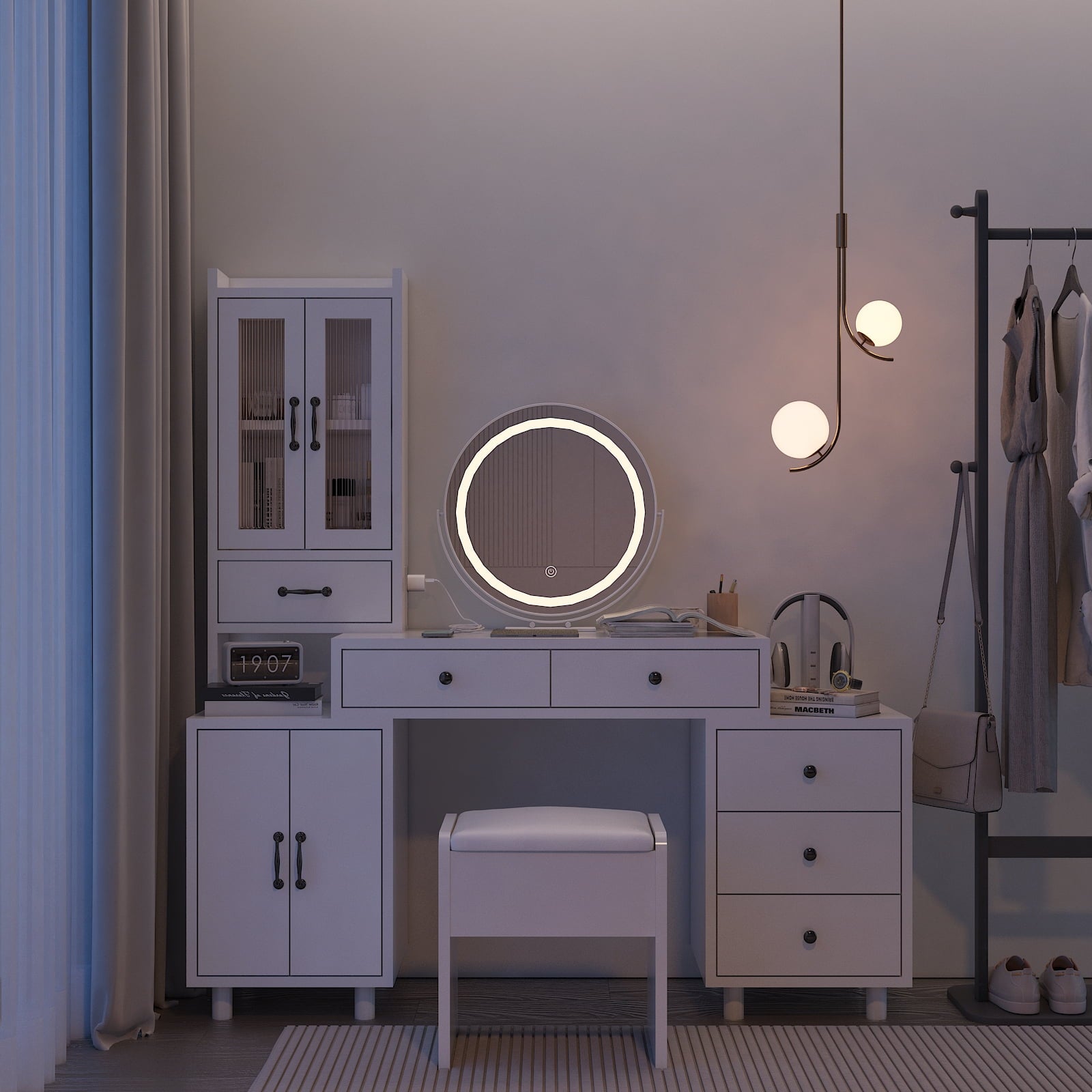 COOKCOK Makeup Vanity Desk with LED Mirror, Retractable Dressing Table with Power Outlets, Vanity Table with Side Cabinet and Nightstand, Storage Shelves, White