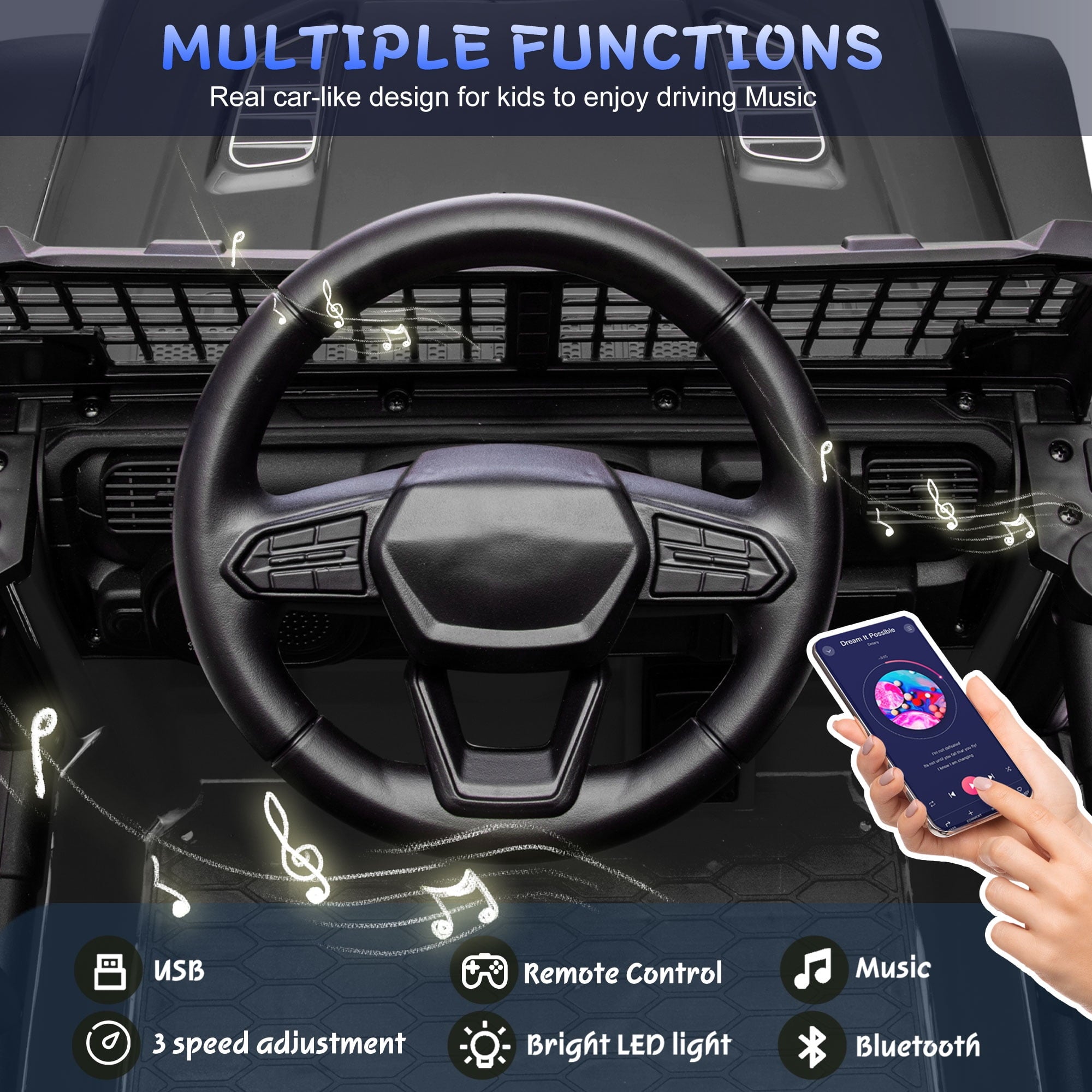 Track 7 24V Kids Ride-On Car with Remote Control, 2WD, Four-Wheel Suspension with Large Wheel Design, Power Display, Bluetooth, MP3 Player, LED Lights, and Speed Control for Ages 2-5, Black