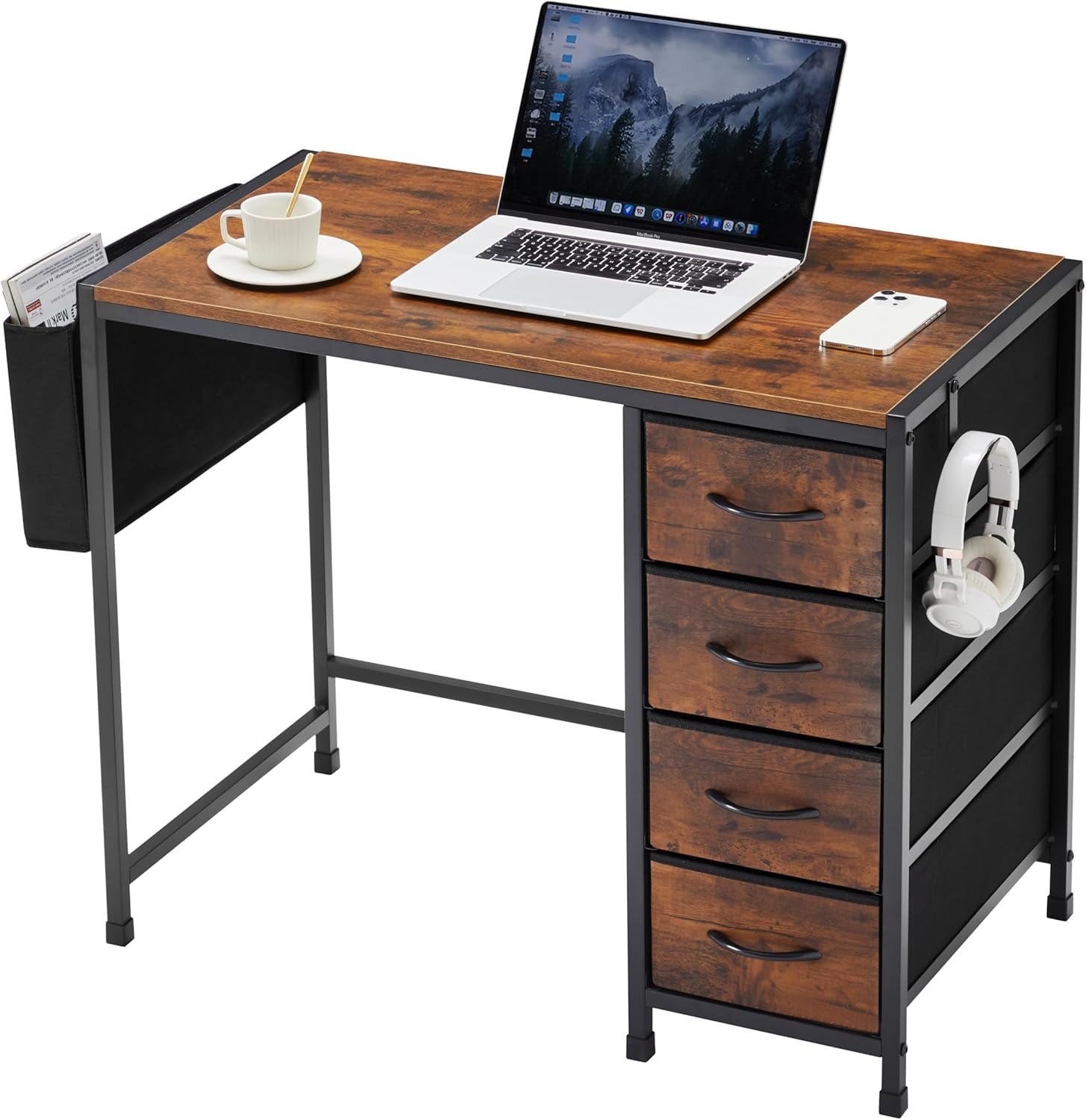 COOKCOK Computer Desk with Fabric Drawers Office Small Desk 36" Wide Desk with Headphone Hooks & Storage Bag for Student Kids Reading Table for Small Spaces, Brown