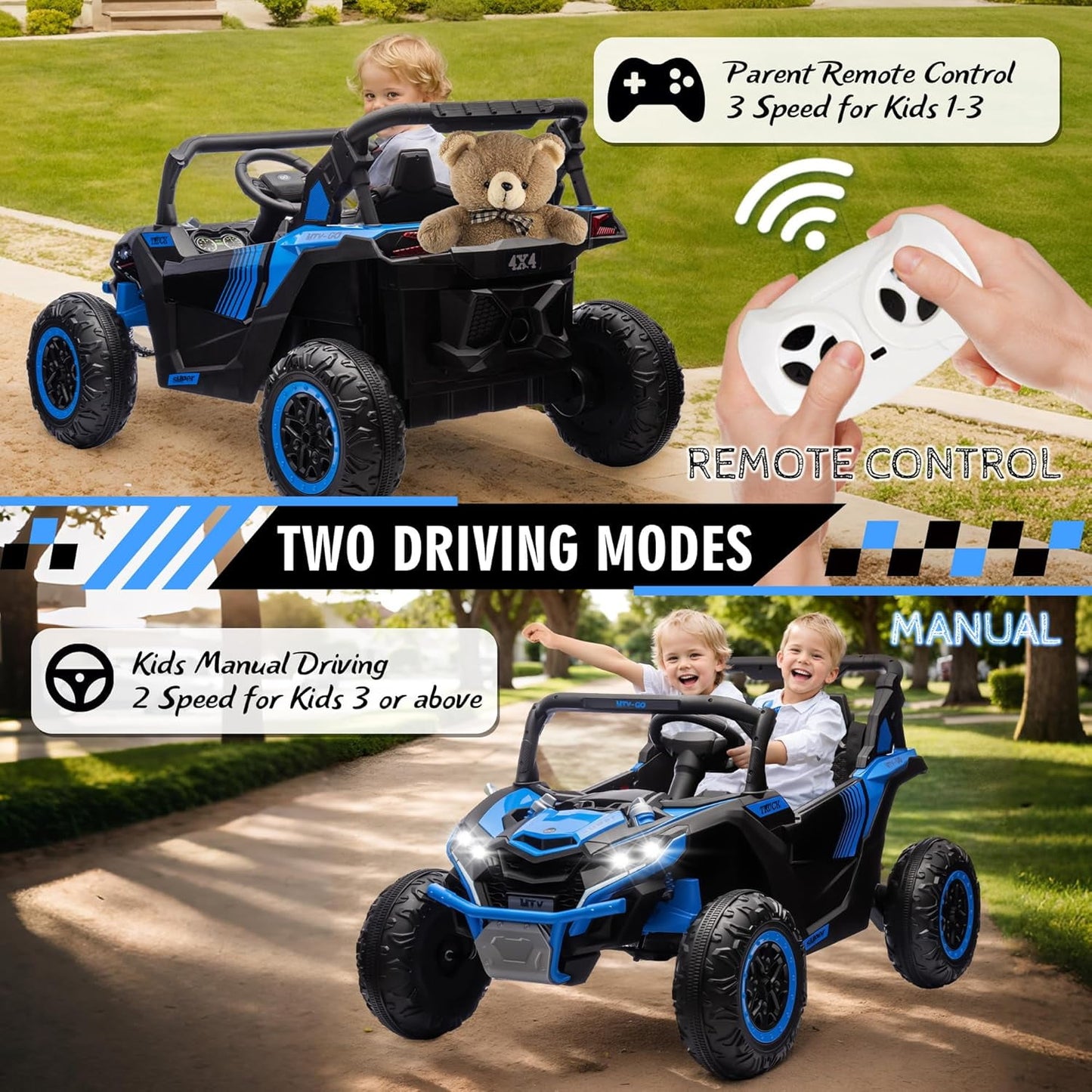 Track 7 24V 2-Seater Ride on UTV, 20" Large Seat, 2 x 200W Powerful Motors, 4.5 mph Max Speed, Ride on Car w/Remote Control, MP3, Lights, Battery Powered Electric Car for Boys Girls Age 3+, Blue