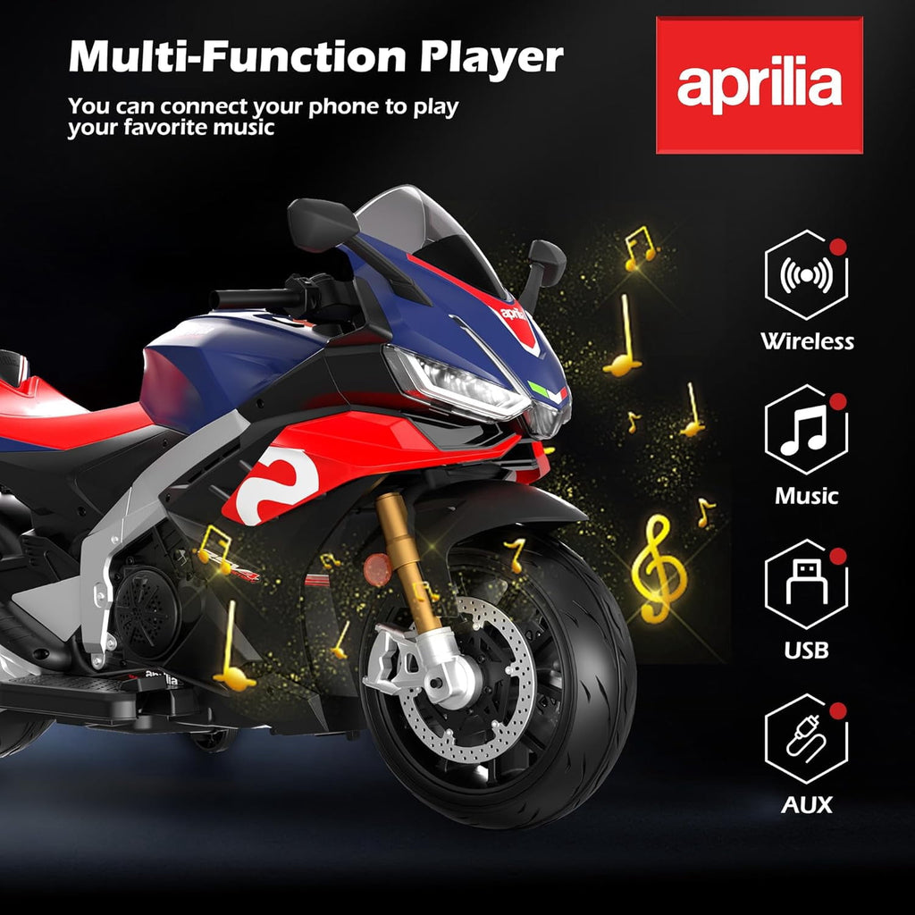 Track Seven 24V Ride on Motorcycle, Licensed Aprilia RSV4 Electric Motorcycle for Kids with Training Wheels, LED Lights, Music, Speed Up to 5 Mph, Ride on Toy Car for Boys Girls Aged 3+, Blue