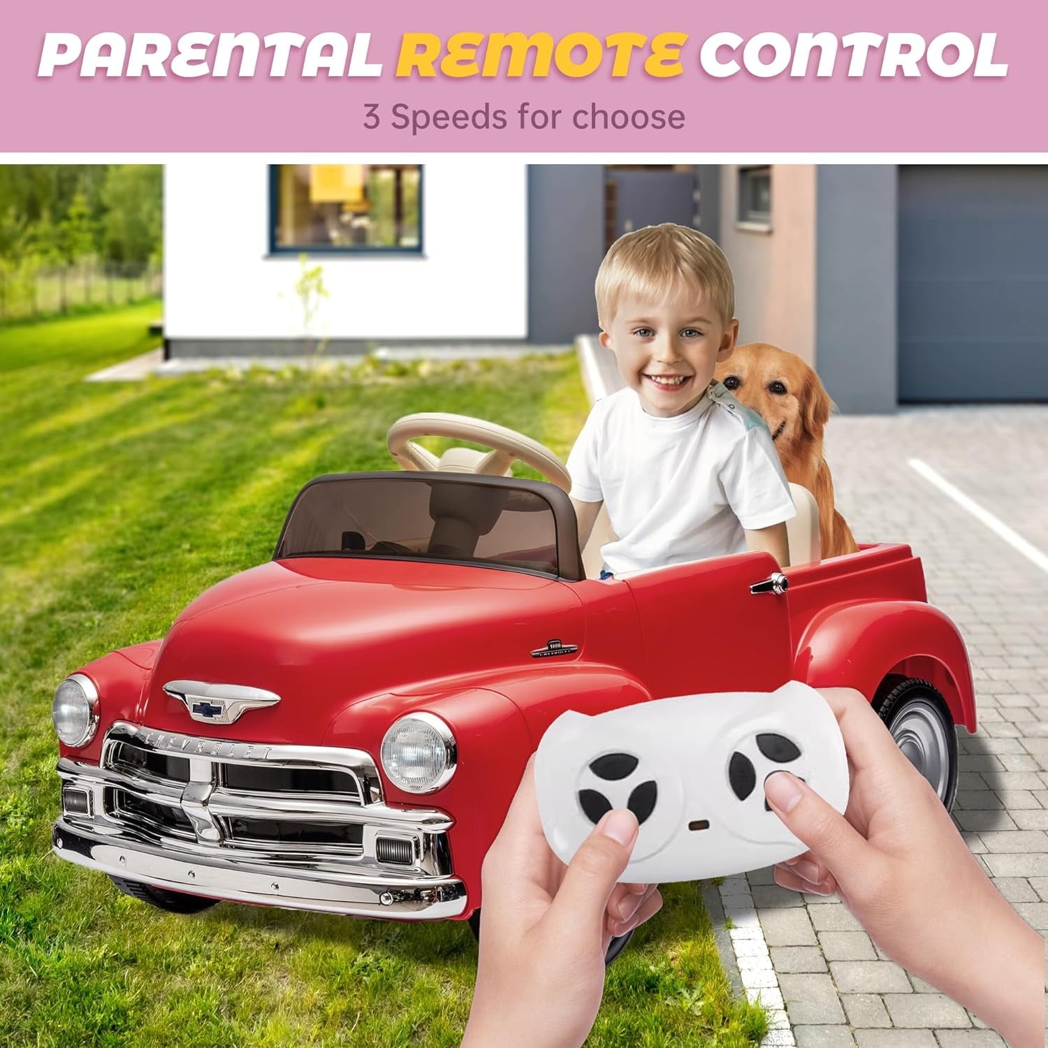 Track 7 12V Ride on Car, Licensed Chevrolet 3100 Pickup Electric Car for Boys Girls, LED Lights, Bluetooth, USB, Storage Space, Remote Control, Ride on Toy Vehicle, Red