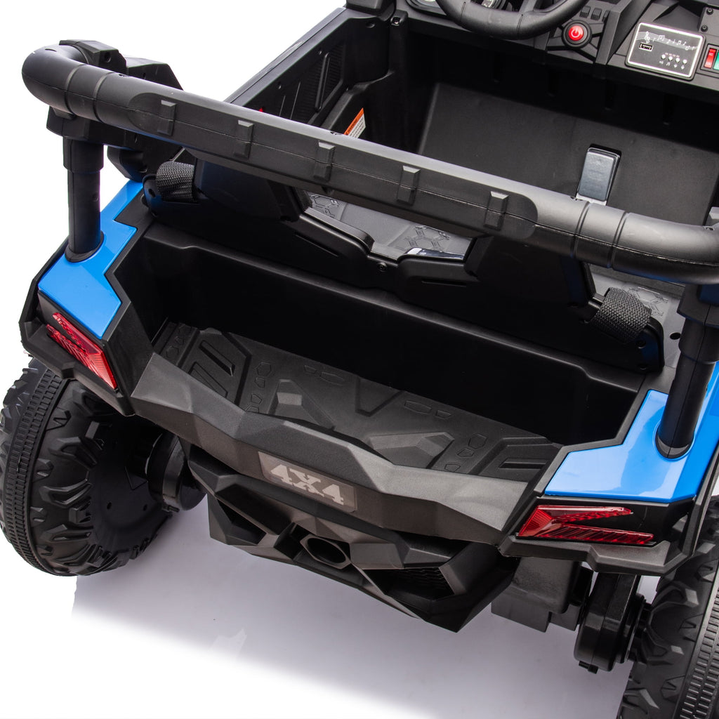 Track 7 24V Two-Seater Kids Ride On UTV W/Parents Remote Control,Four-Wheel Suspension,Slow Start,Anti-collision bar,Storage space,Music,USB,Bluetooth,Volume control,LED lights for Kids 3+, Blue