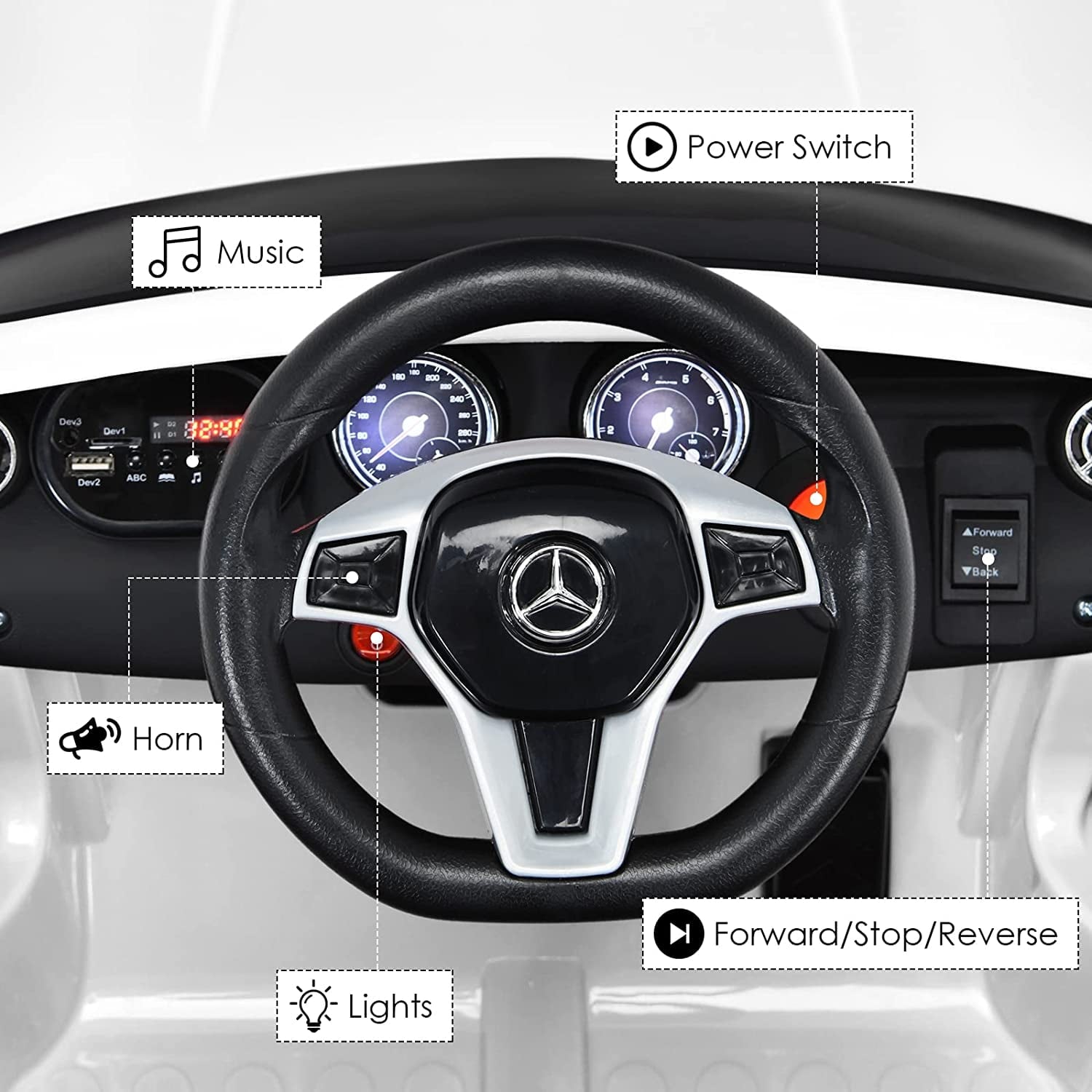 Track 7 6V Ride on Car, Licensed Mercedes Benz AMG GTR Battery Powered Electric Vehicle, w/Parent Remote, Wider Seat, LED Lights, 5-point Belt, MP3 Player, Smooth Start, White