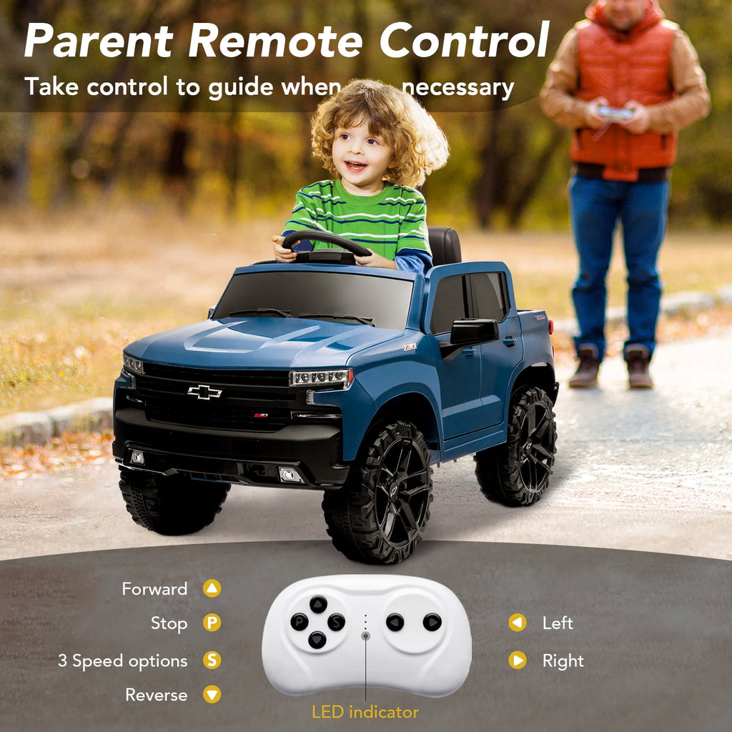 Track 7 Kids Ride on Car, 12V Chevrolet Silverado Electric Car for Boys Girls, Ride on Truck with Remote Control, Music, Age 3+, Blue