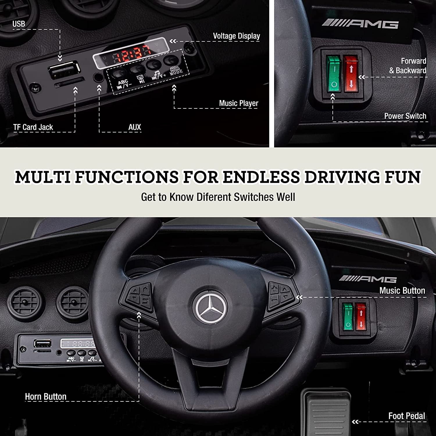Track 7 Ride on Car with Remote Control, Licensed Benz Electric Car for Kids, 12V Electric Vehicles with AUX/FM/USB, LED Lights, Black