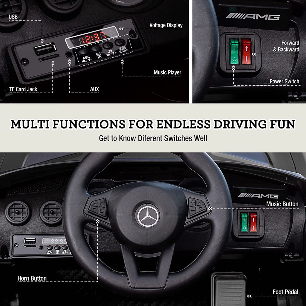 Track 7 Ride on Car with Remote Control, Licensed Benz Electric Car for Kids, 12V Electric Vehicles with AUX/FM/USB, LED Lights, Black