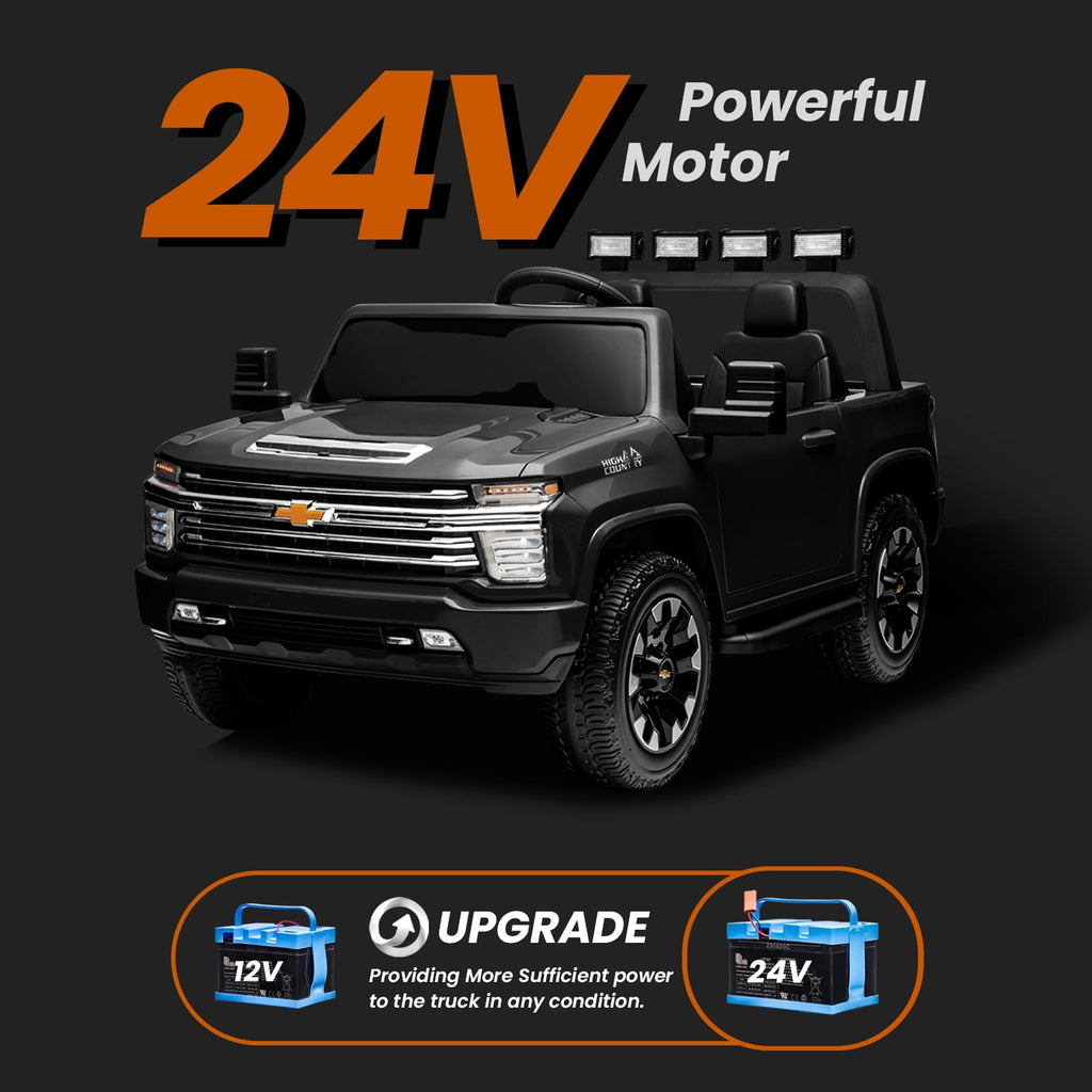 Track 7 24V Ride on Car, Licensed Silverado HD 2 Seater Electric Car for Boys Girls Age 3+, 24V Ride on Truck w/Remote Control, Music, ABC, Black