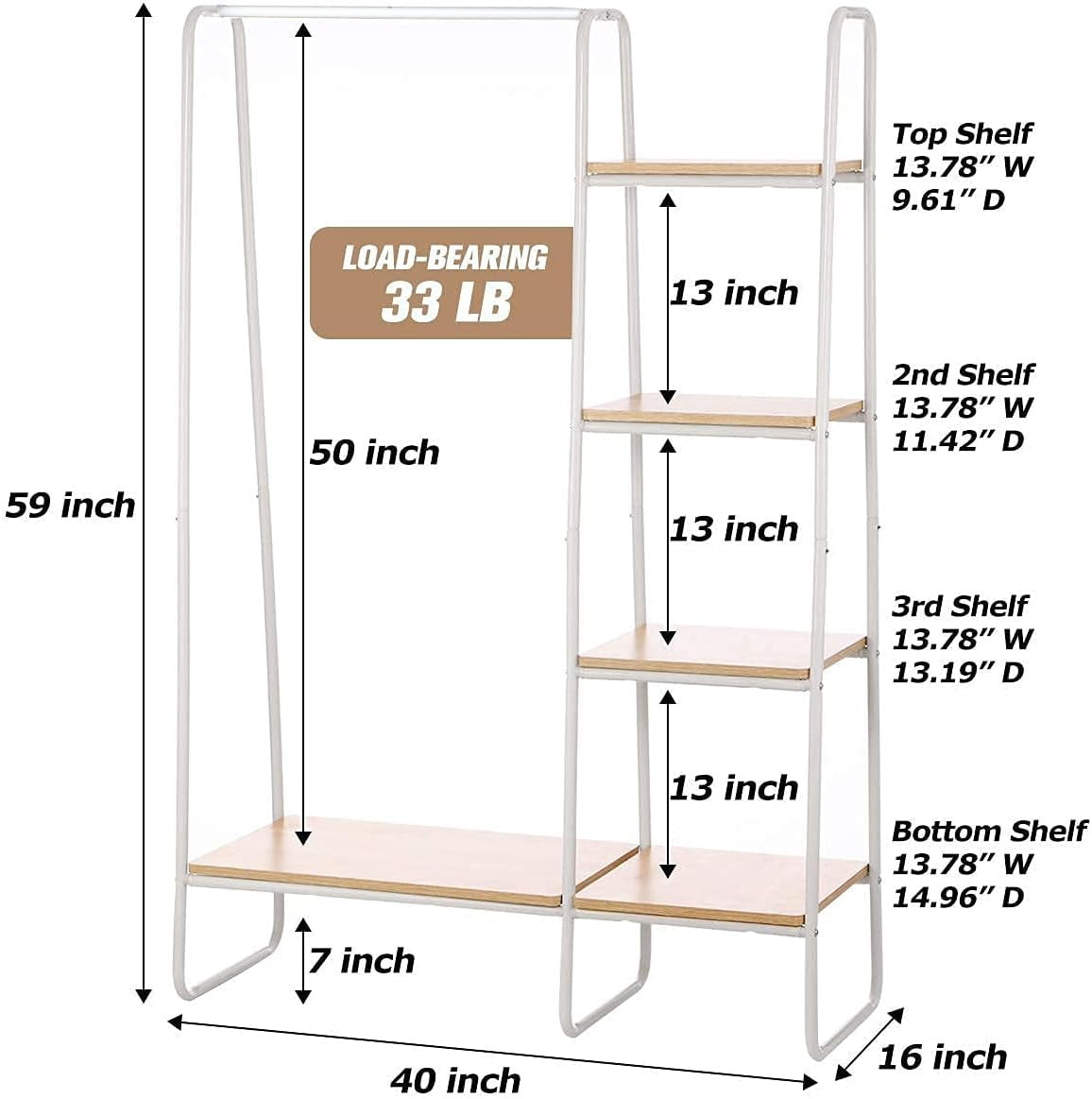 COOKCOK Clothing Rack Garment Rack with Shelves Wardrobe Rack Freestanding Closet Racks with Metal Hanger Rod and 4-Tier Wood Shelves Heavy Duty Clothes Rack for Bedroom Living Room Entryway, White