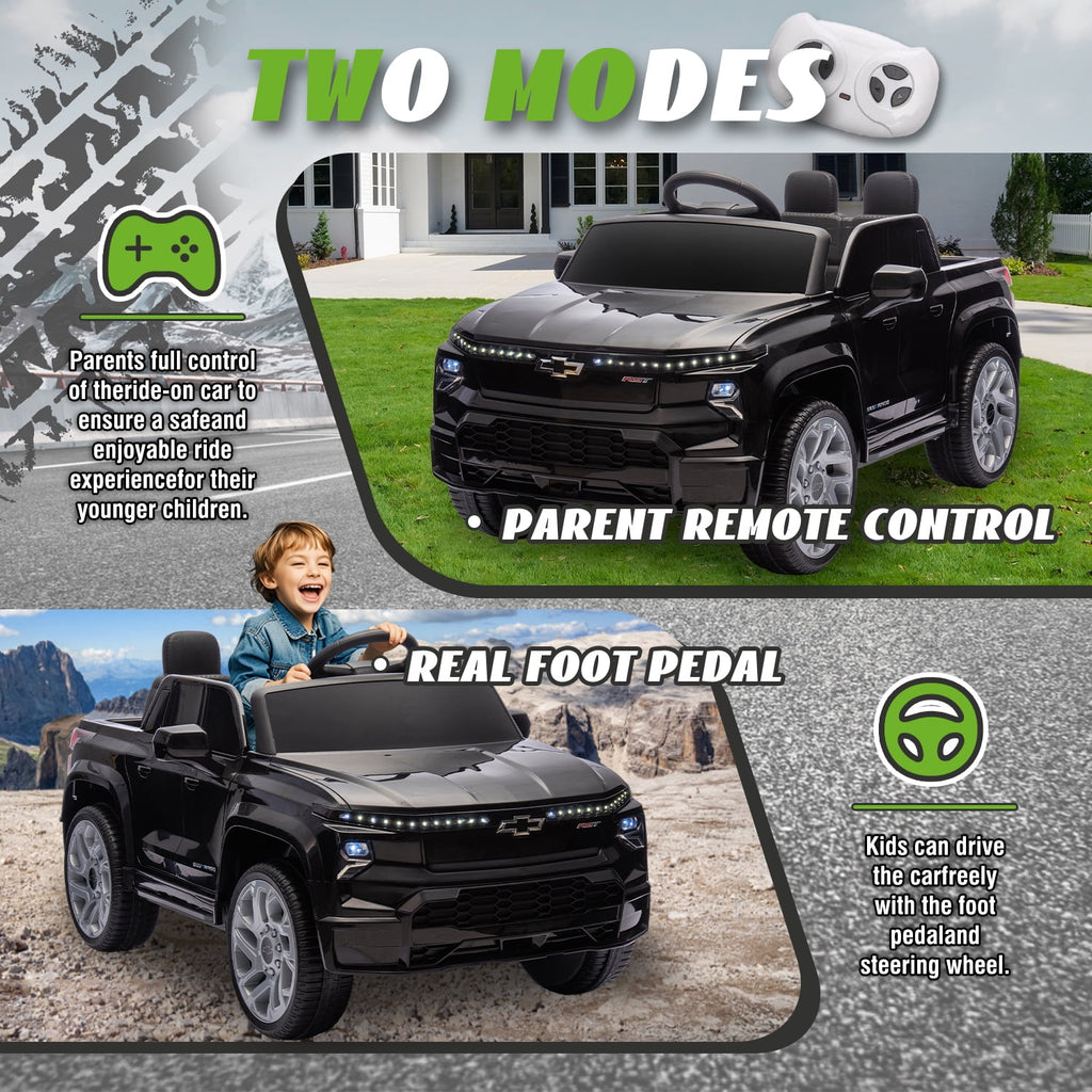 Track Seven 24V Ride on Car, Licensed Chevrolet Silverado Electric Car Truck with Remote Control, Bluetooth, LED Lights, Power Display, Rear Storage Ride on Toy Car for Boys Girls Age 3+, Black