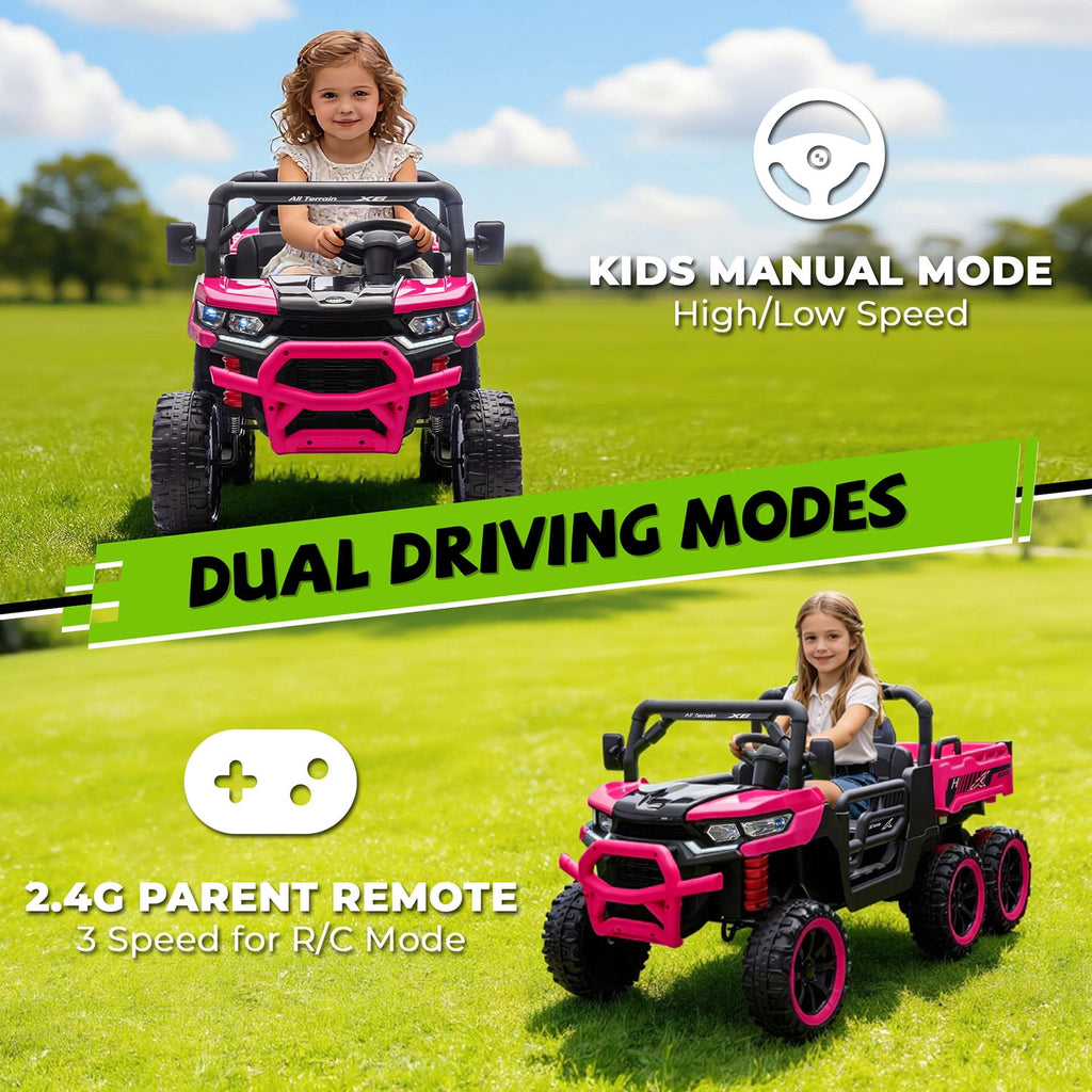 Track Seven 24V 2-Seater Ride on Dump Truck, 4WD 6-Wheel Kids Ride on Car w/Remote Control, Electric Dump Bed, Toy Shovel, Music, Max 5 mph, 20" Large Seat, Ride on Toy for Boys Girls Age 3+, Pink