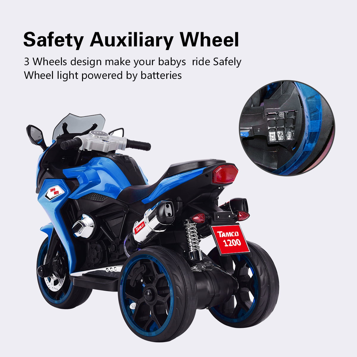 Track 7 12 V Kids Ride on Motorcycle, 3 Wheels Electric Trike Motorcycle for Boys and Girls, Light Wheels, Music, Headlights, Blue