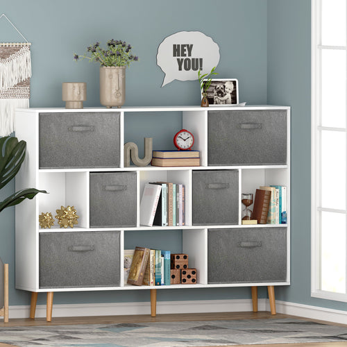 COOKCOK 11-Cube Storage Organizer, Bookshelf with Storage Bins, 4 Tier Freestanding Open Bookshelf with 6 Nonwoven Fabric Drawers,White