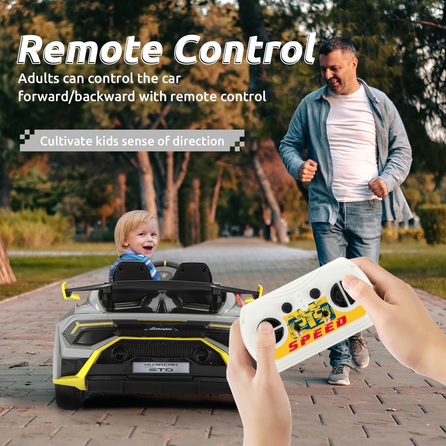 Track 7 24V Kids Ride on Car, Licensed Lamborghini STO Electric Car for Boys Girls, 2-Seater Ride on Drift Car with Remote Control, Music, 360° Spin, Max Speed 6mph, Grey