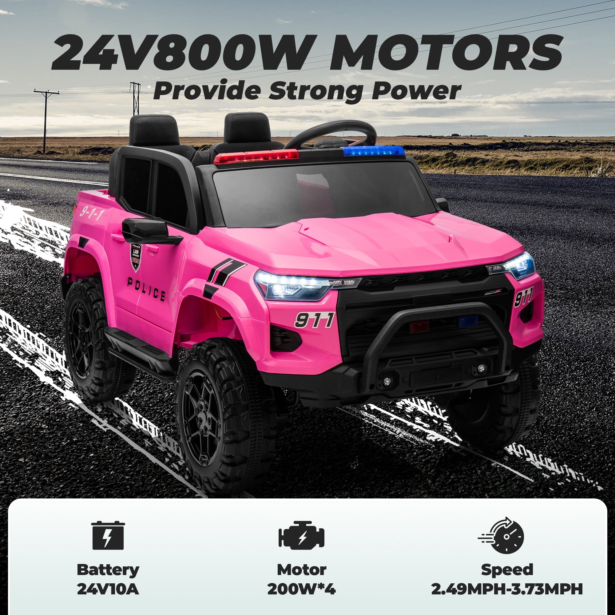 SUSIELADY 24V Kids Ride on Police Car, 2-Seater Kids Ride on Pickup, 4WD 800W Motors, with Remote Control, Bluetooth, LED Lights, Spring Suspension, for Kids Aged 3+