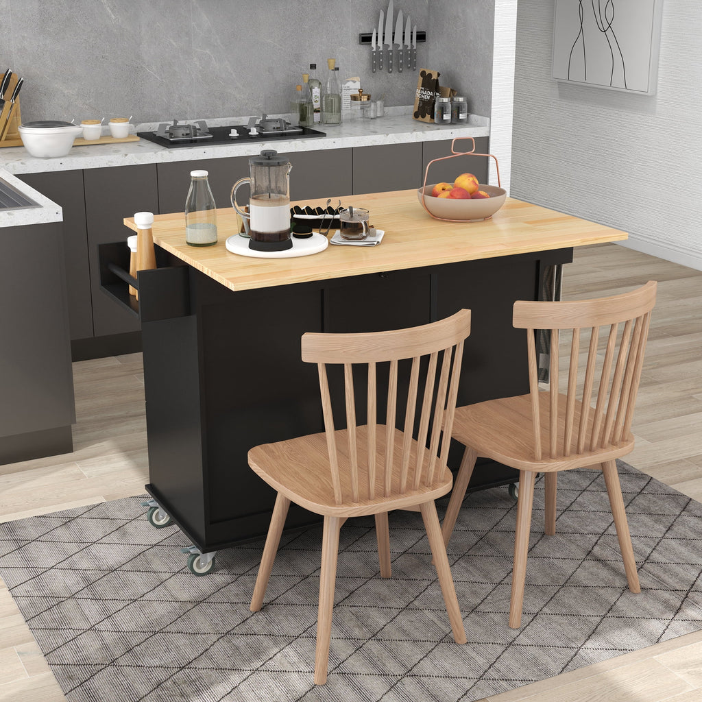 COOKCOK Mobile Kitchen Island Cart, Kitchen Cart with Wood Top and Drop Leaf Breakfast Bar, Rolling 52.7" Mobile Kitchen Island with Storage and Towel Rack, Drawers, Black