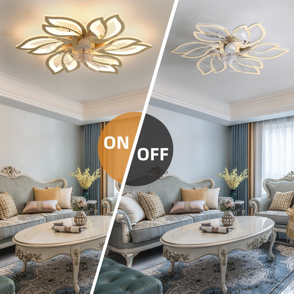 COOKCOK 25.5In Celling Fans with Lights, Flower Shape LED Ceiling Fan Lamp, 3 Color Dimming Timing 6 Wind Speed Fan Light with Remote