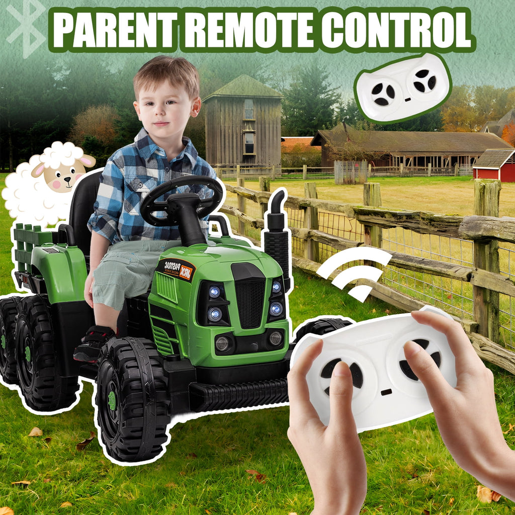 SUSIELADY 12V Kids Ride On Tractor with Trailer, with Parent Remote Control, 3 speed adjustable, with USB, MP3, Bluetooth, LED light, Two-point Safety Belt, for Kids 3+