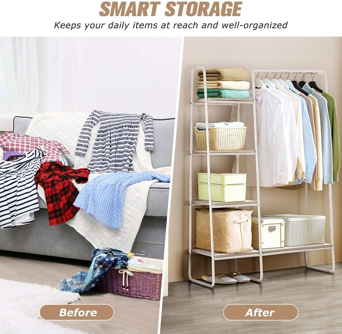 COOKCOK Clothing Rack Garment Rack with Shelves Wardrobe Rack Freestanding Closet Racks with Metal Hanger Rod and 4-Tier Wood Shelves Heavy Duty Clothes Rack for Bedroom Living Room Entryway, White