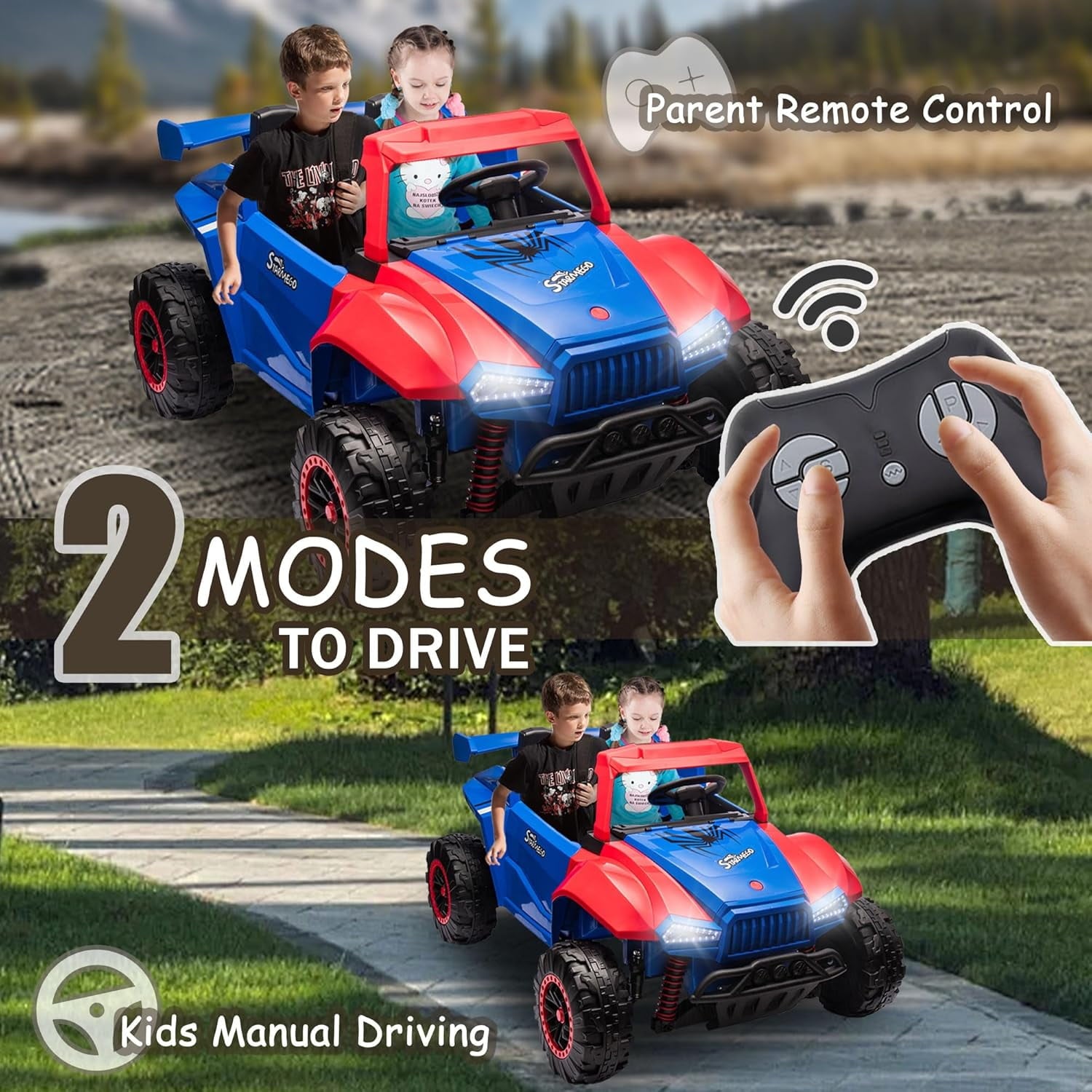 Track 7 24V 2-Seater Ride on Car, Kids Electric Car with Remote Control, 20.4" Extra Width Seat, Bluetooth, Power Display, 24V Ride on Truck for Boys Girls Age 3+, Max Speed 6.21 mph, Blue