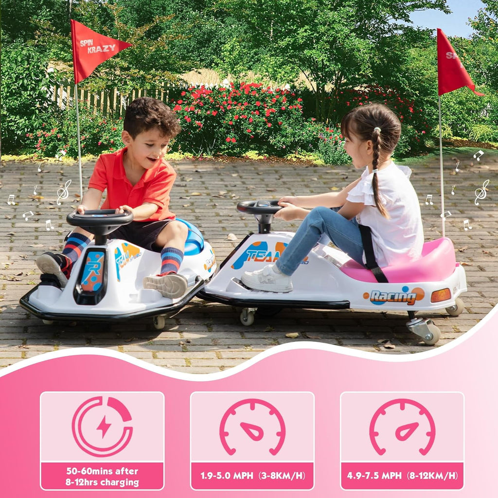 Track 7 24V Electric Drifting Go Kart for Kids, Kids Electric Go Kart w/360-Degree Spin, Music, Bluetooth, Flag, Drift Kart Up to 7.5 mph, Pink