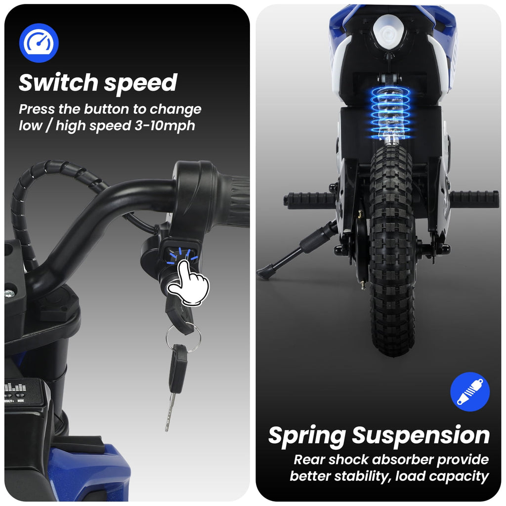 Track 7 24V Ride on Motorcycle, 200W Motocross Electric Dirt Bike with Hand Operated Brakes, Adjustable Speed, LED Lamp, Music, Max Speed 10mph, Electric Motorcycle for Kids Age 5+, Red
