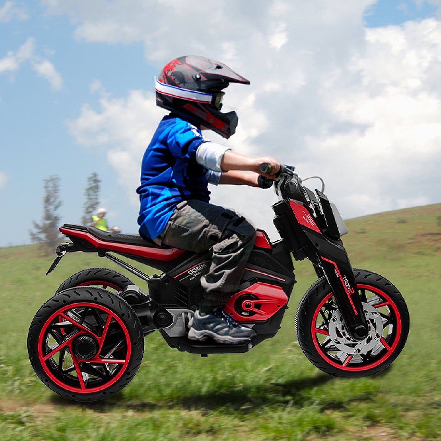 Track 7 Kids Ride on Motorcycle, 12V Electric Trike Motorcycle for Boys Girls Age 3+, 3 Wheels Motorcycle, Music, Red