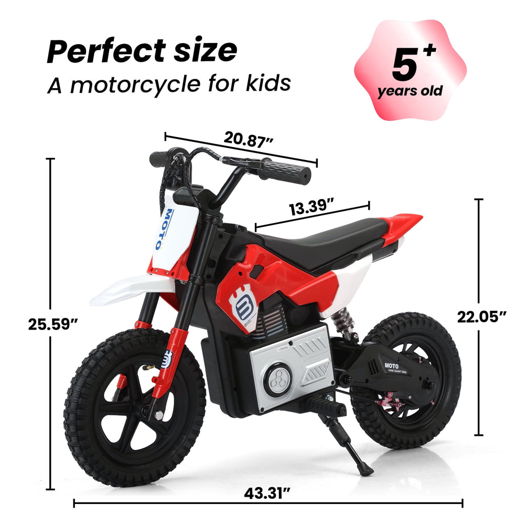 Track 7 24V Ride on Motorcycle, 200W Motocross Electric Dirt Bike with Hand Operated Brakes, Adjustable Speed, LED Lamp, Music, Max Speed 10mph, Electric Motorcycle for Kids Age 5+, Red