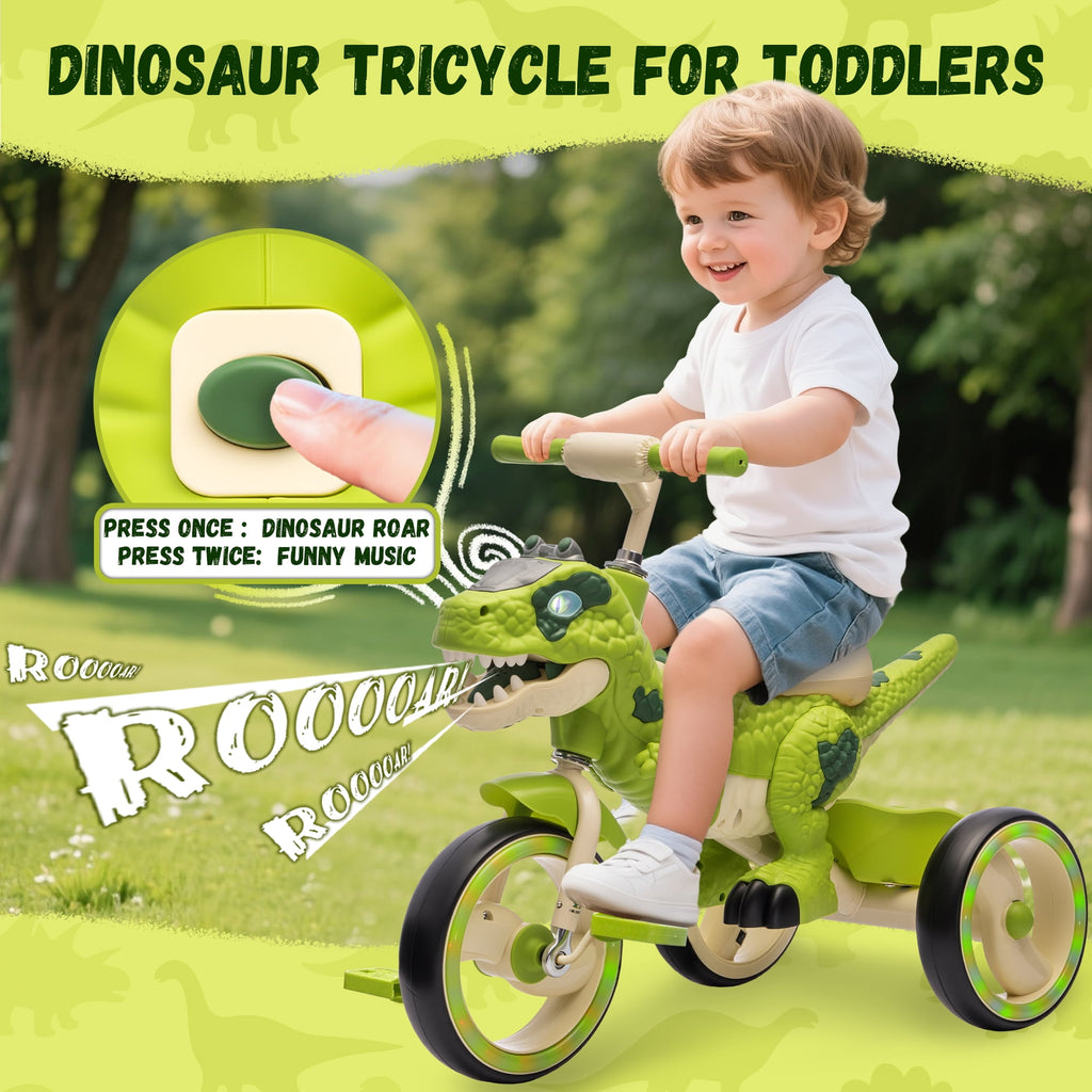 Track Seven Dinosaur Kids Tricycle for Rider, Toddlers Trike Bike with Music, LED Lights, Storage Basket, 360 ° Swivel Steering, Preschool Daycare Kids Bike  for Boys Girls 2+ Years, Green