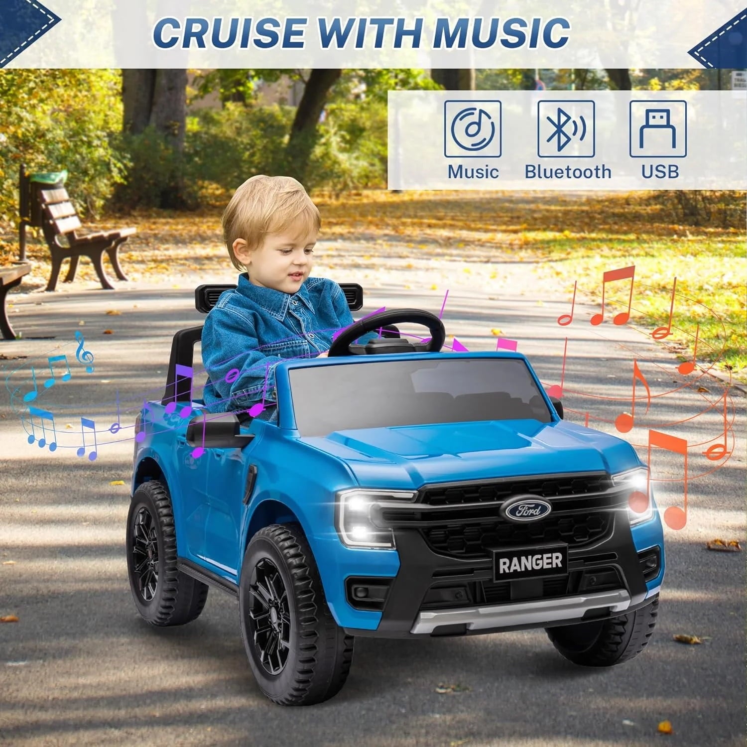 Track 7 12V Kids Ride on Car, Licensed Ford Ranger Electric Car with Remote Control, Music Player, LED Lights, Bluetooth, 12V Ride on Truck Car for Boys Girls Age 3+, Blue
