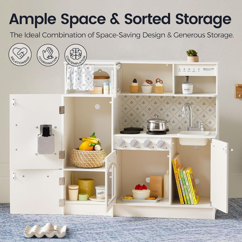 Track Seven Play Kitchen for Kids, Upgraded Wooden Kitchen Toy with Complete Play Areas, Pretend Cooking Set with Sink, Stove, Microwave, Toy Coffee Station & Storage for Kids Ages 3+, White