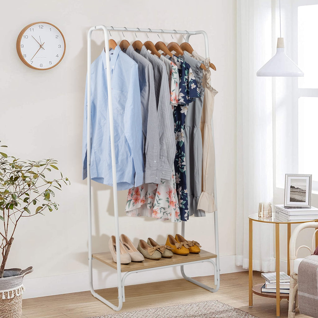 COOKCOK Clothes Rack for Hanging Clothes with Bottom Wood Shelf, Freestanding Clothing Rack, Easy to Assemble Garment Rack, Metal, Sturdy,Small Space Storage Rack,White