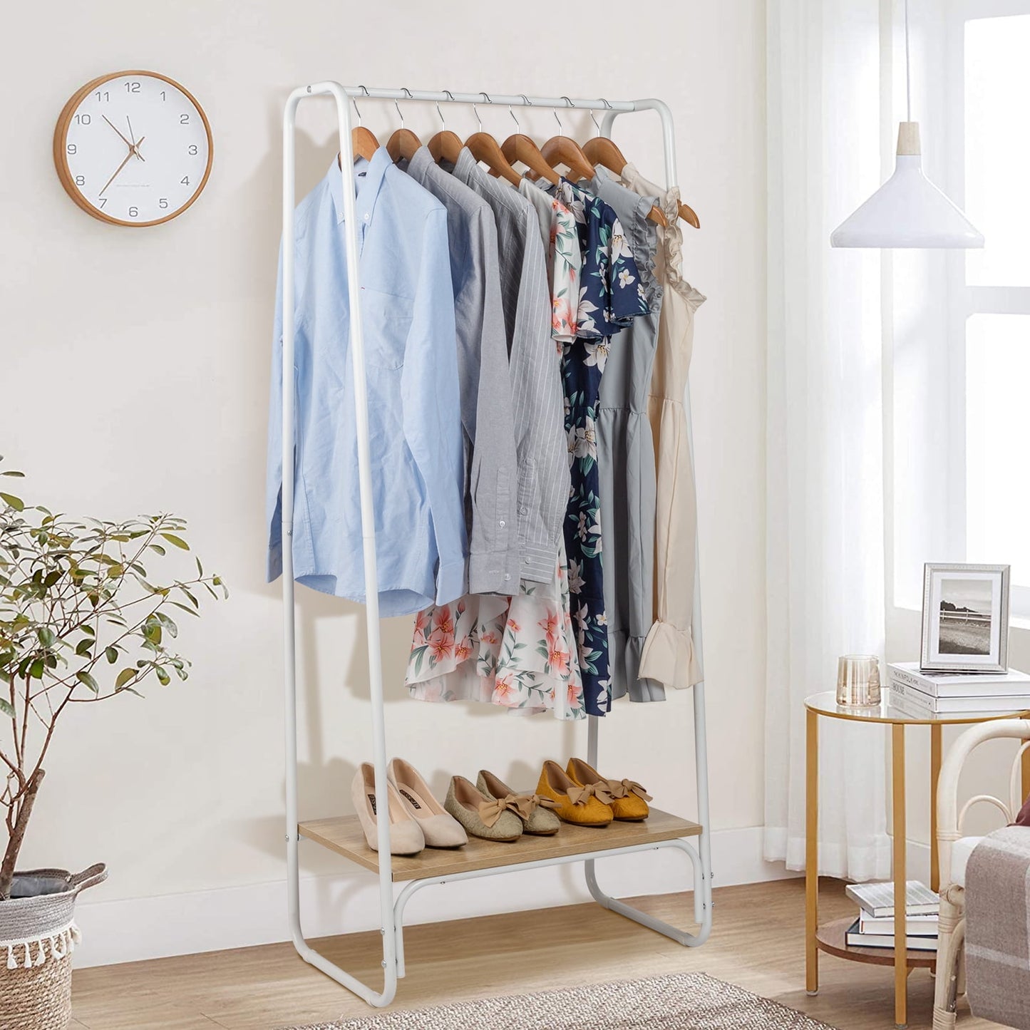 COOKCOK Clothes Rack for Hanging Clothes with Bottom Wood Shelf, Freestanding Clothing Rack, Easy to Assemble Garment Rack, Metal, Sturdy,Small Space Storage Rack,White