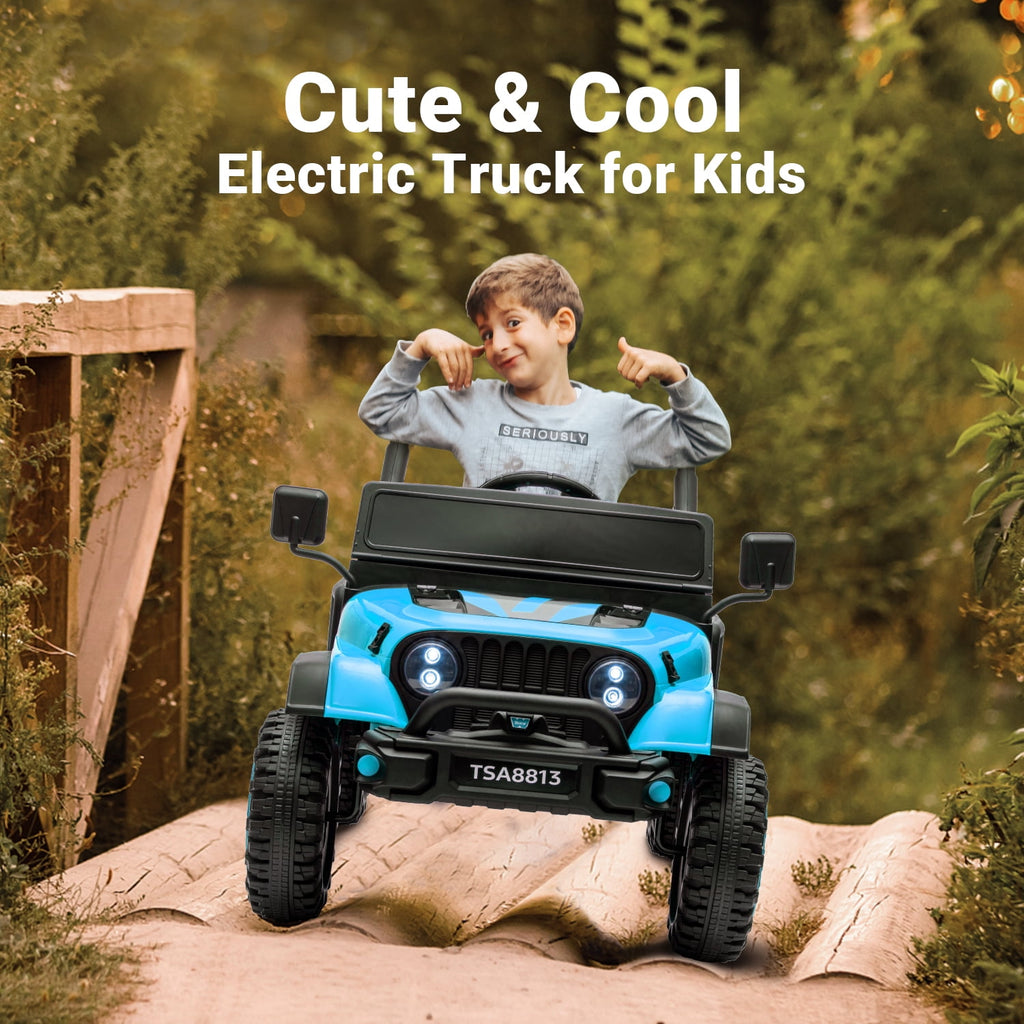 Track 7 24V Ride on Truck, Electric Car for Boys Girls Age 3+, Ride on Car with Remote Control, Music, Bluetooth, Spring Suspension, Max Speed 5 mph, Blue